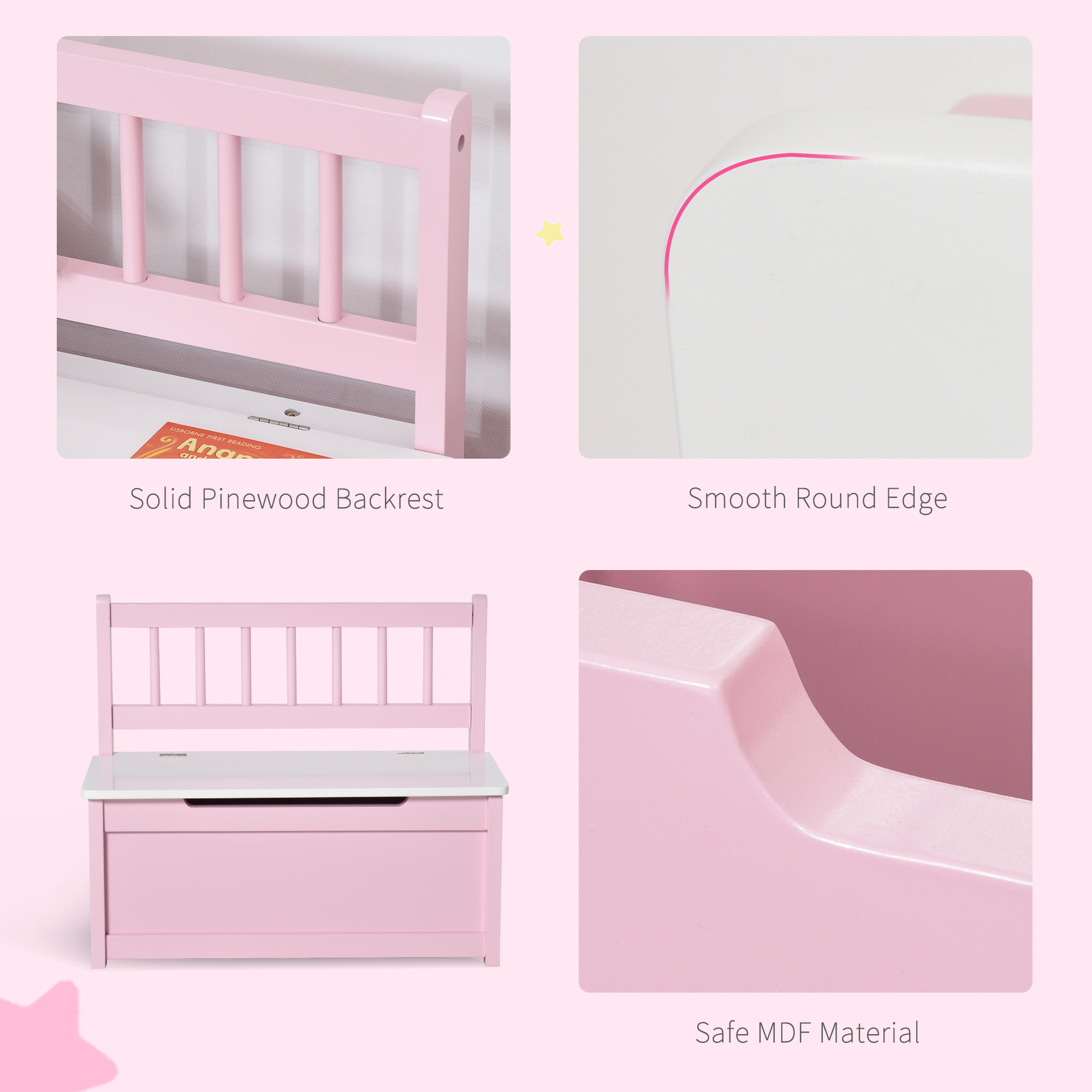 Qaba 2-in-1 Kids Storage Bench and Toy Box with Safety Pneumatic Rod, Space-Saving Wooden Seat Chest for Children's Room, Pink | Aosom.com 4