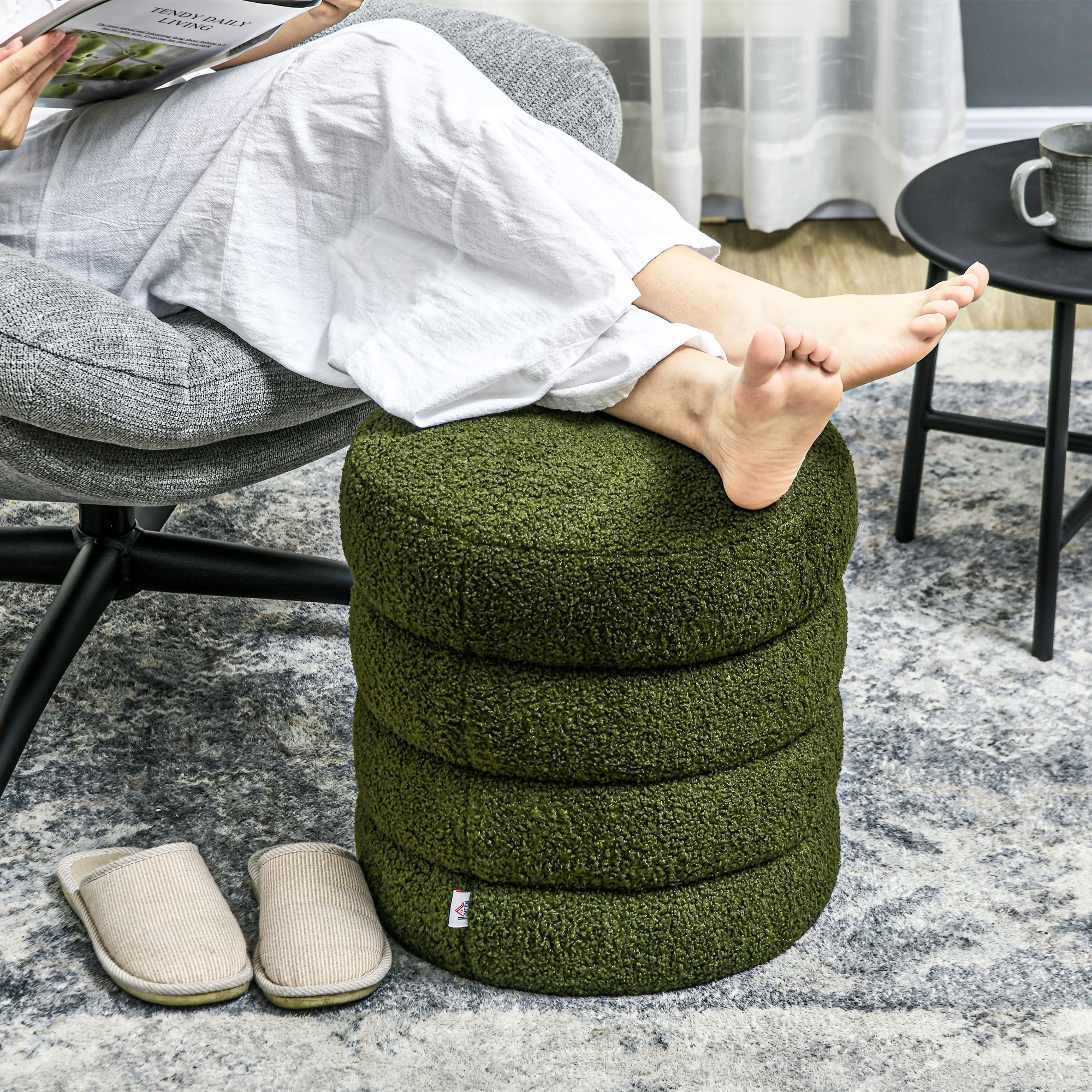 2X Round Stacked Ottoman Stool Teddy Fleece Fabric Foot Rest 38cm GREEN