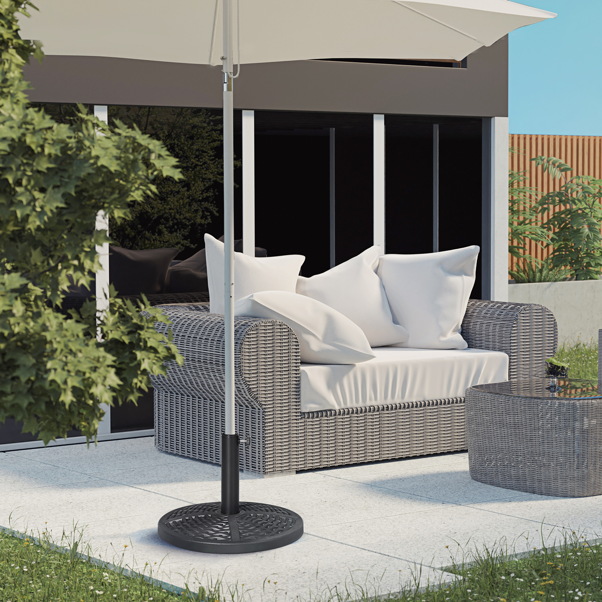 black and tan patio umbrella Living Accents Scalloped 9 ft. Tiltable Tan Patio Umbrella