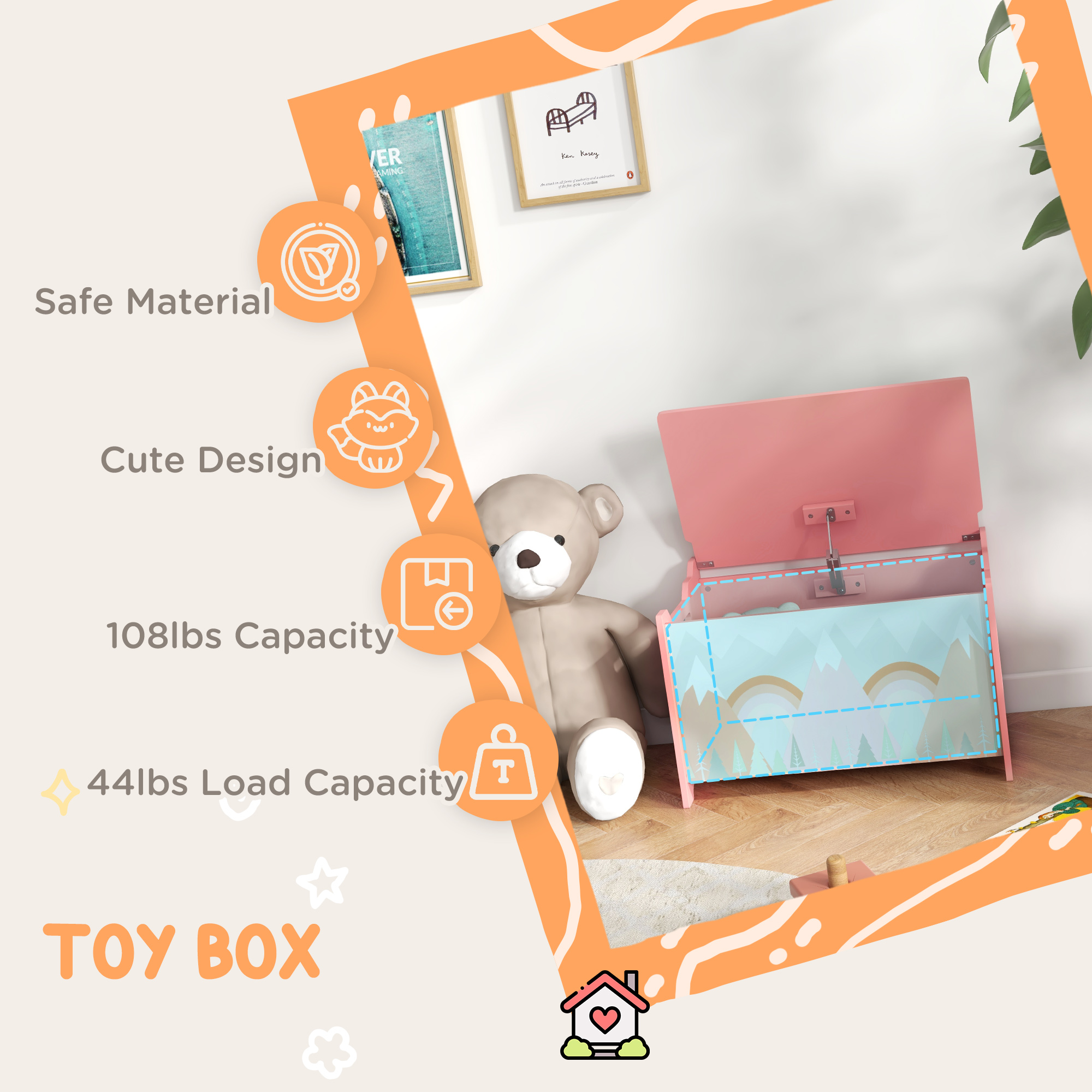 Qaba Sleek Toy Box, Bedroom Storage Solution for Spacious & Clutter-Free Rooms, Kids Toy Chest Organizer, Pink | Aosom.com 2