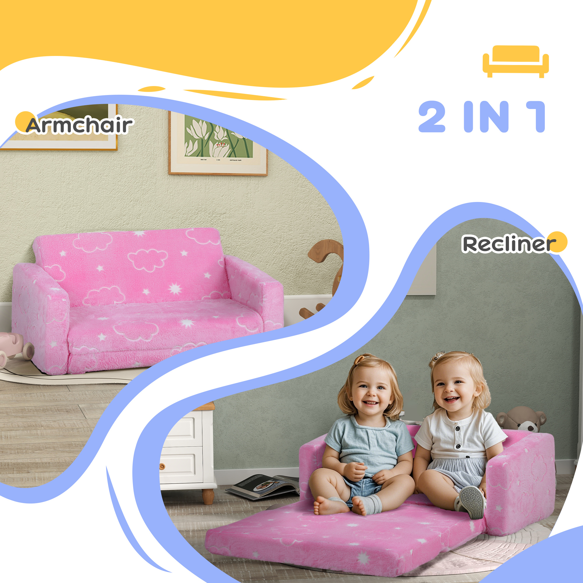 Qaba Couch with Glow in the Dark Cloud Patten, Washable Cover, Pink | Aosom.com 3