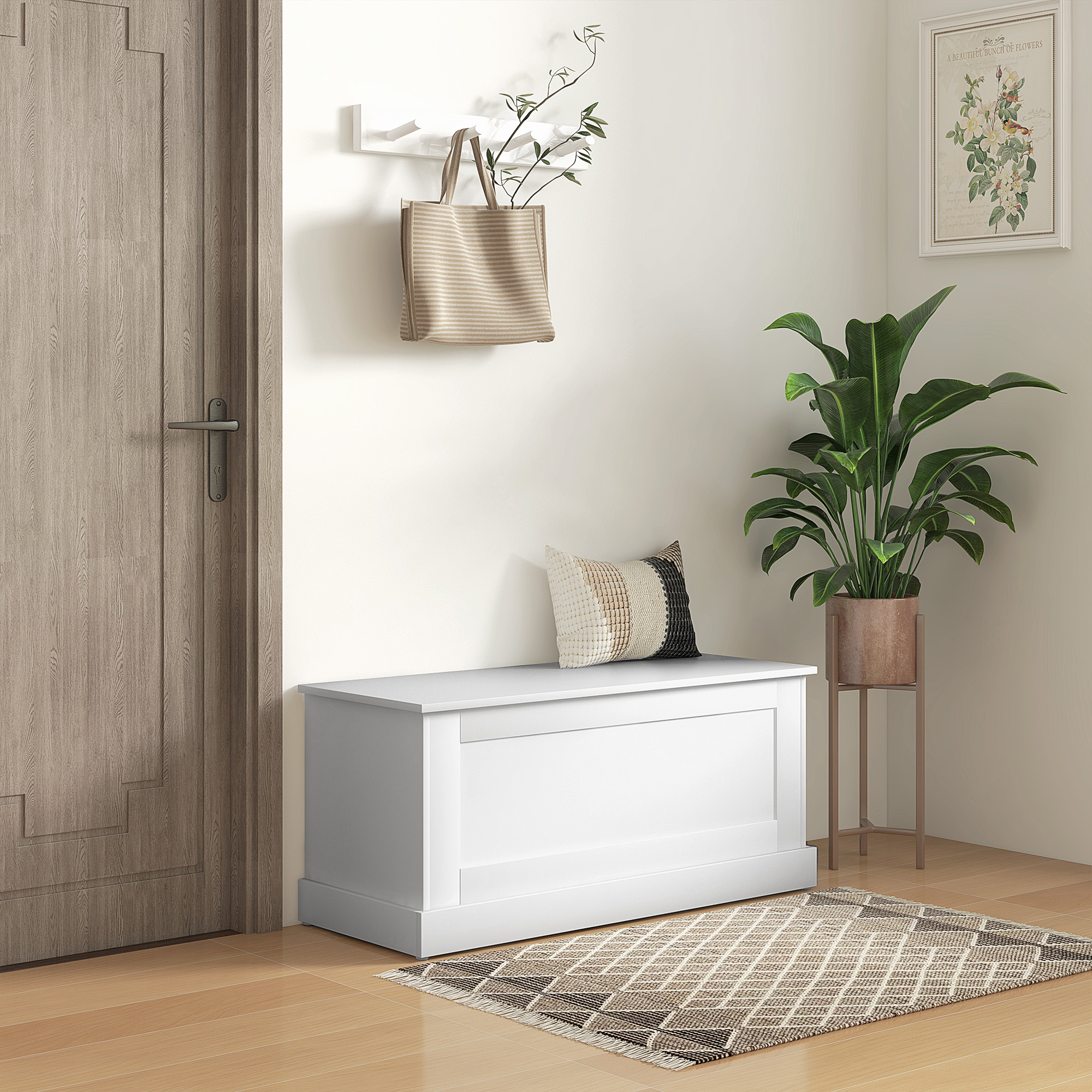 HOMCOM 39.4 Inches Storage Chest, Storage Trunk with Safety Hinge, Wooden Toy Box for Living Room, White Wood Grain Aosom Canada