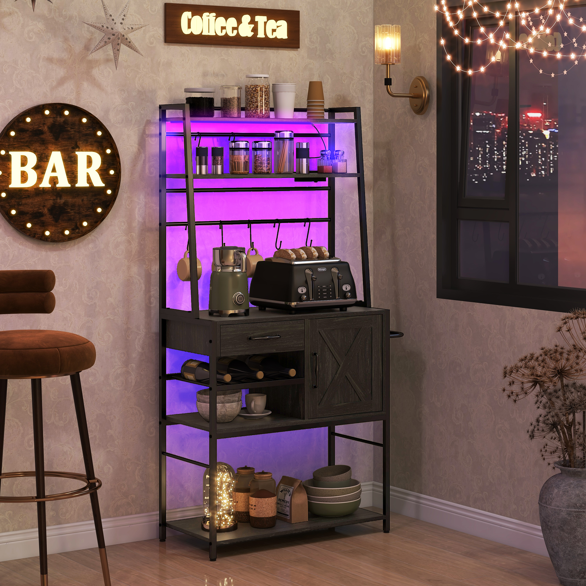 HOMCOM Industrial Kitchen Shelving Unit, Distressed Gray with Charging Station, LED Lights & Barn Door | Aosom.com 2