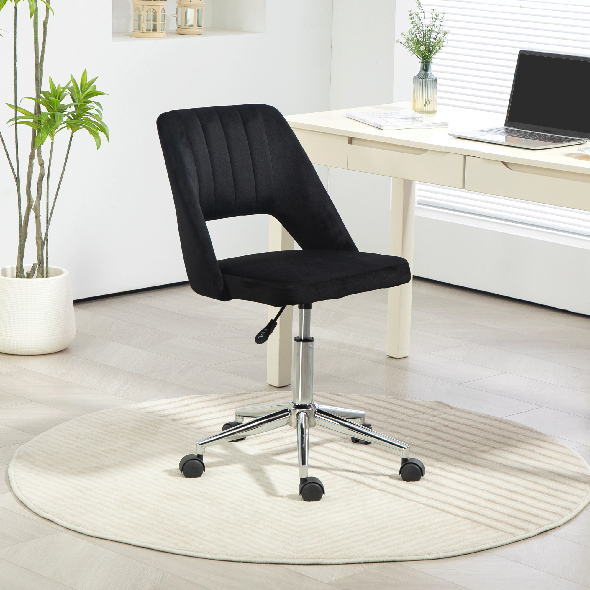 Vinsetto Mid Back Office Chair Velvet Fabric Swivel Scallop Shape Computer Desk Chair, Black Aosom Canada