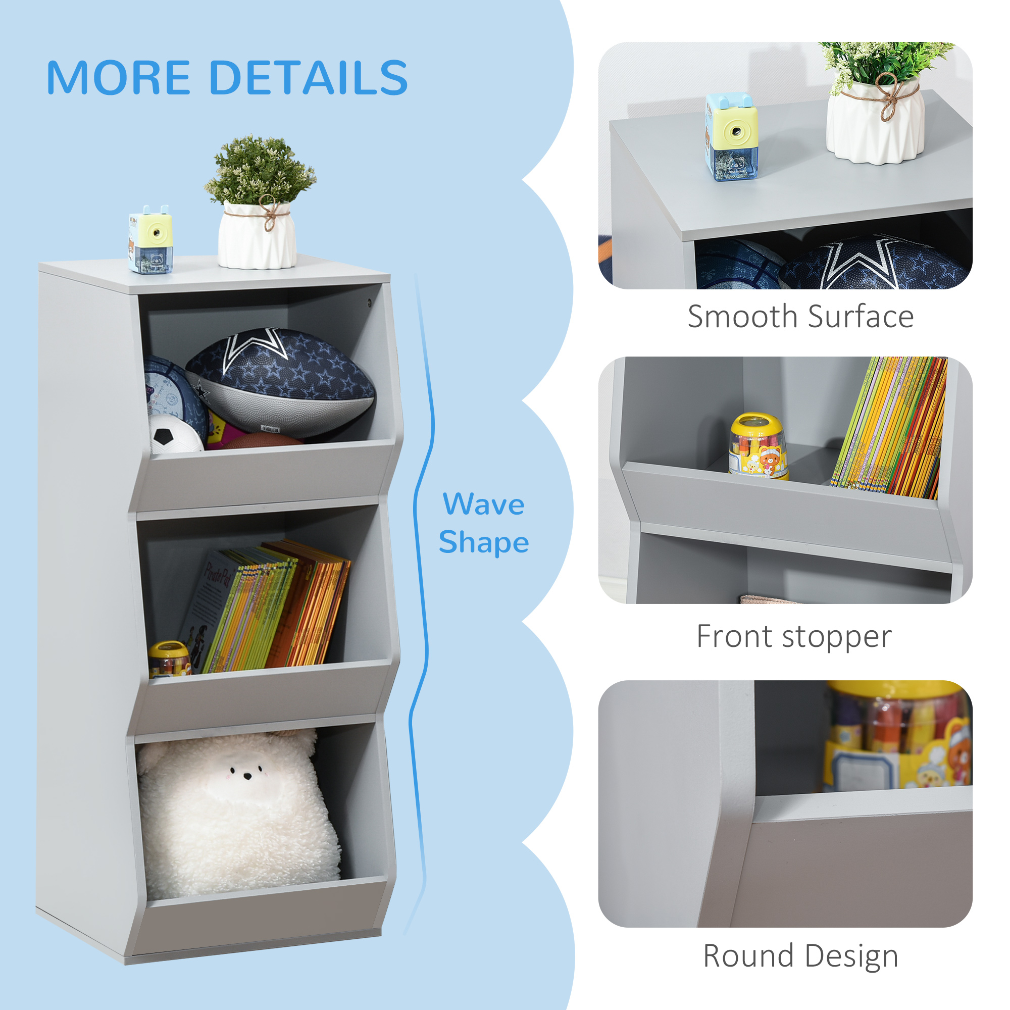 HOMCOM Kids Storage Cabinet, 3-Shelf Anti-toppling Organizer, Childrens Bookcase for Playroom, Bedroom, Space-Saving Book Rack, Gray | Aosom.com 5