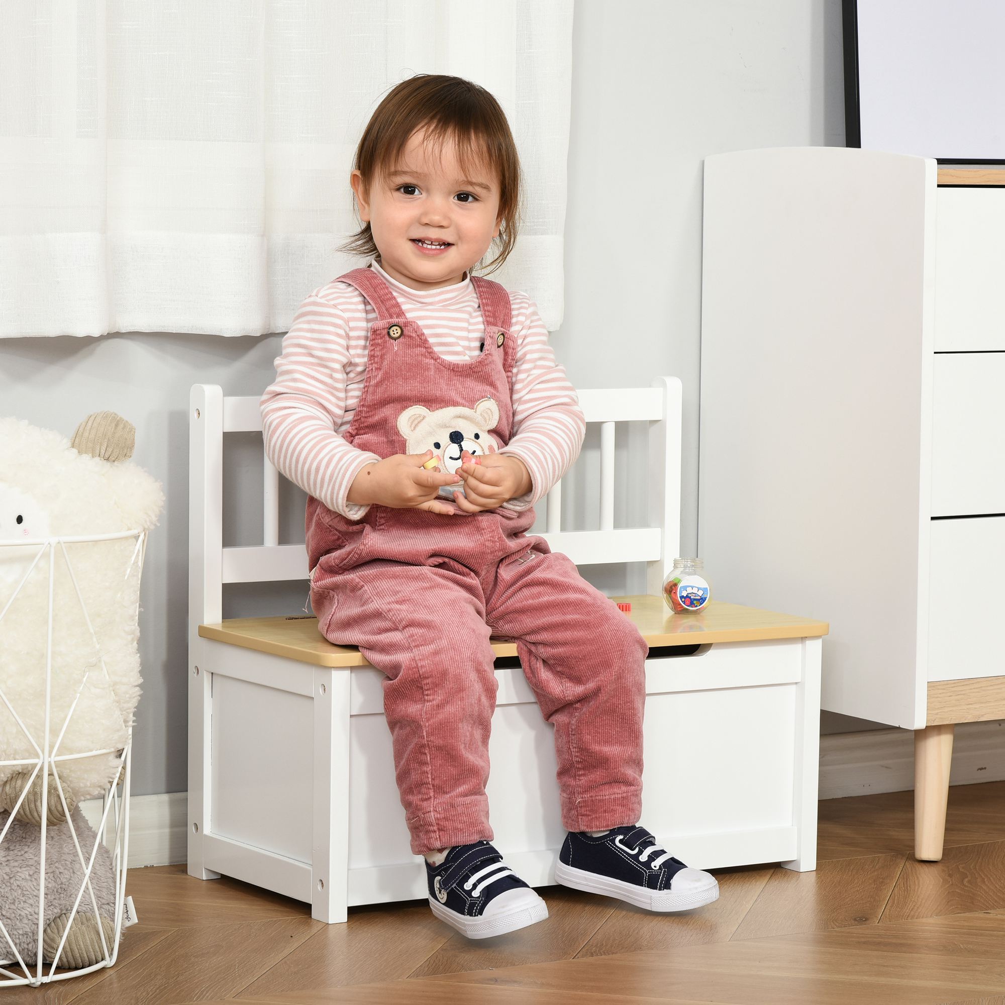 HOMCOM Wooden Toy Storage Box, Kids Organizer with Bench Seat, Safety Pneumatic Rod, Versatile Toy Chest for Playroom, White| Aosom.com 0