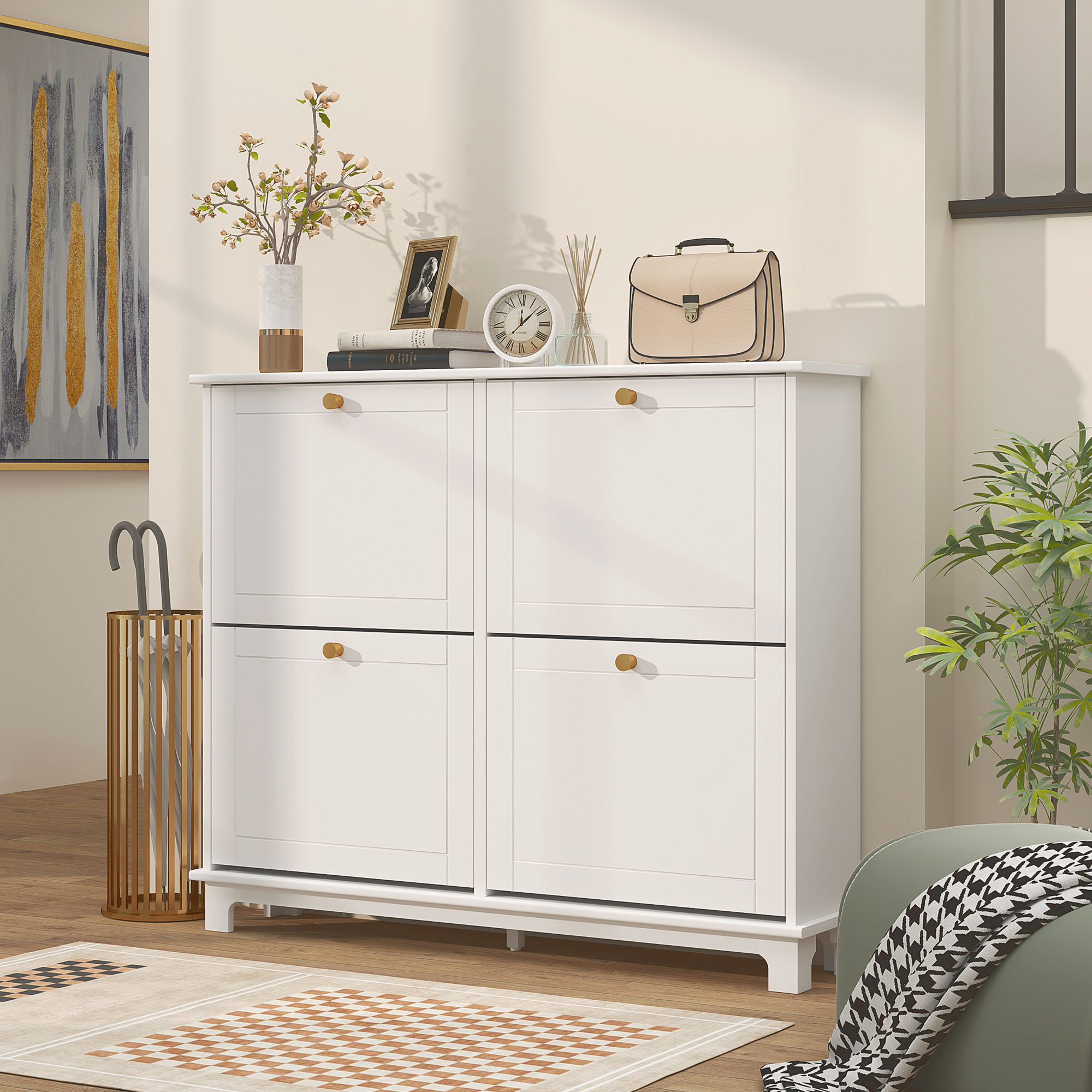 HOMCOM Modern Shoe Storage Cabinet, Narrow Shoe Cabinet with 4 Flip Drawers, Adjustable Shelves, 5 Legs for Entryway, White Aosom Canada