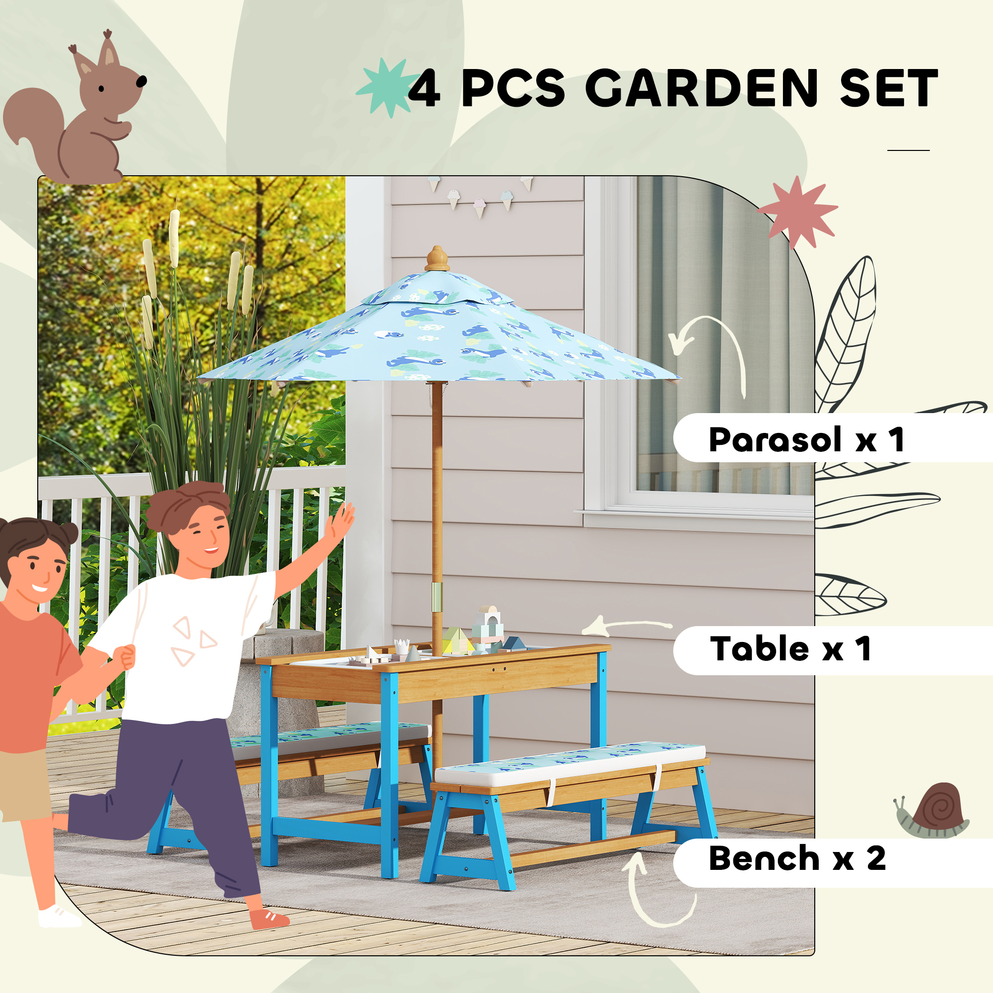Qaba Kids Picnic Table Set with Foldable Umbrella, Removable Cushions ...