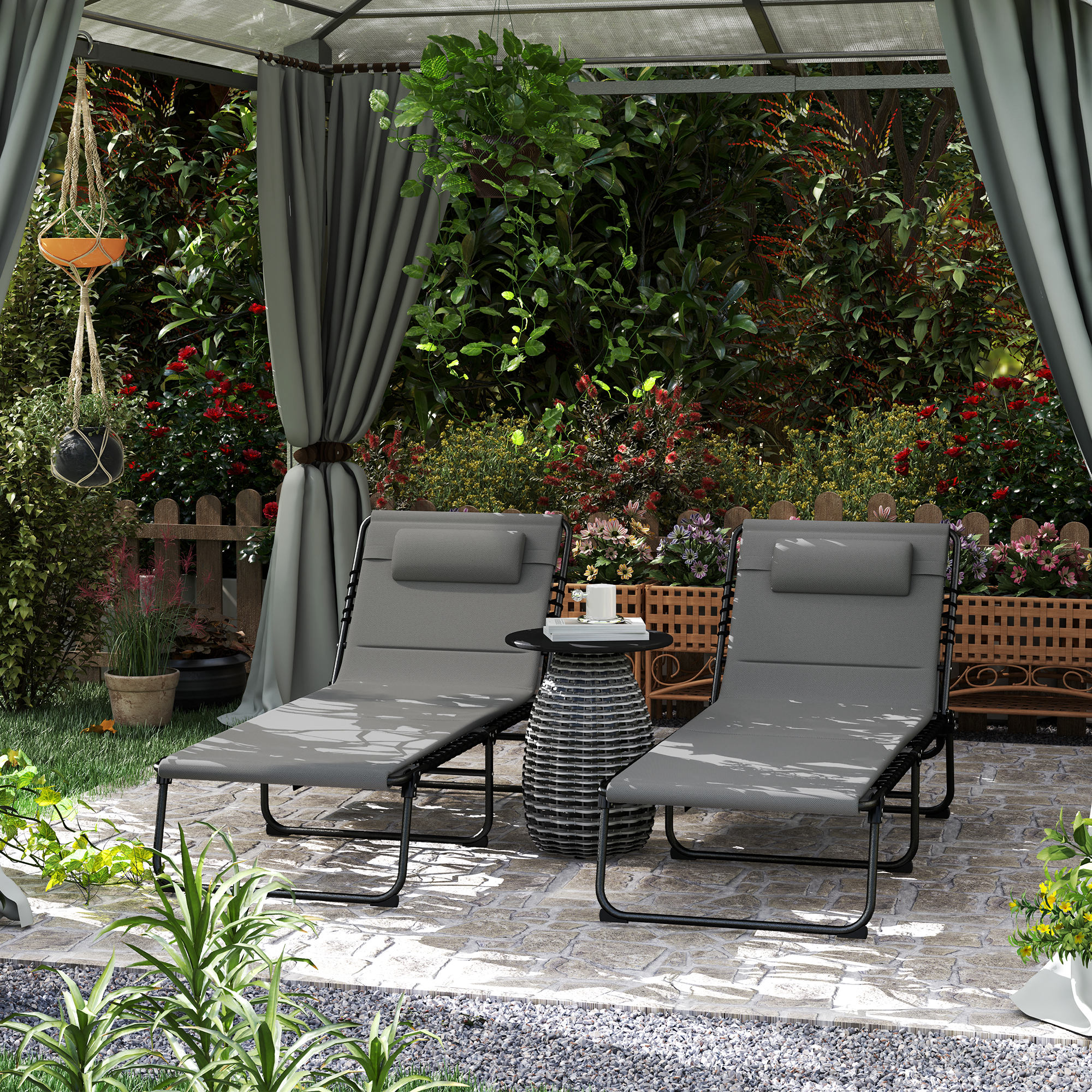Outsunny Folding Chaise Lounge Chair Set of 2, Reclining Outdoor Lounge Chair Set with Quick Drying Pad Headrest Light Grey Aosom Canada