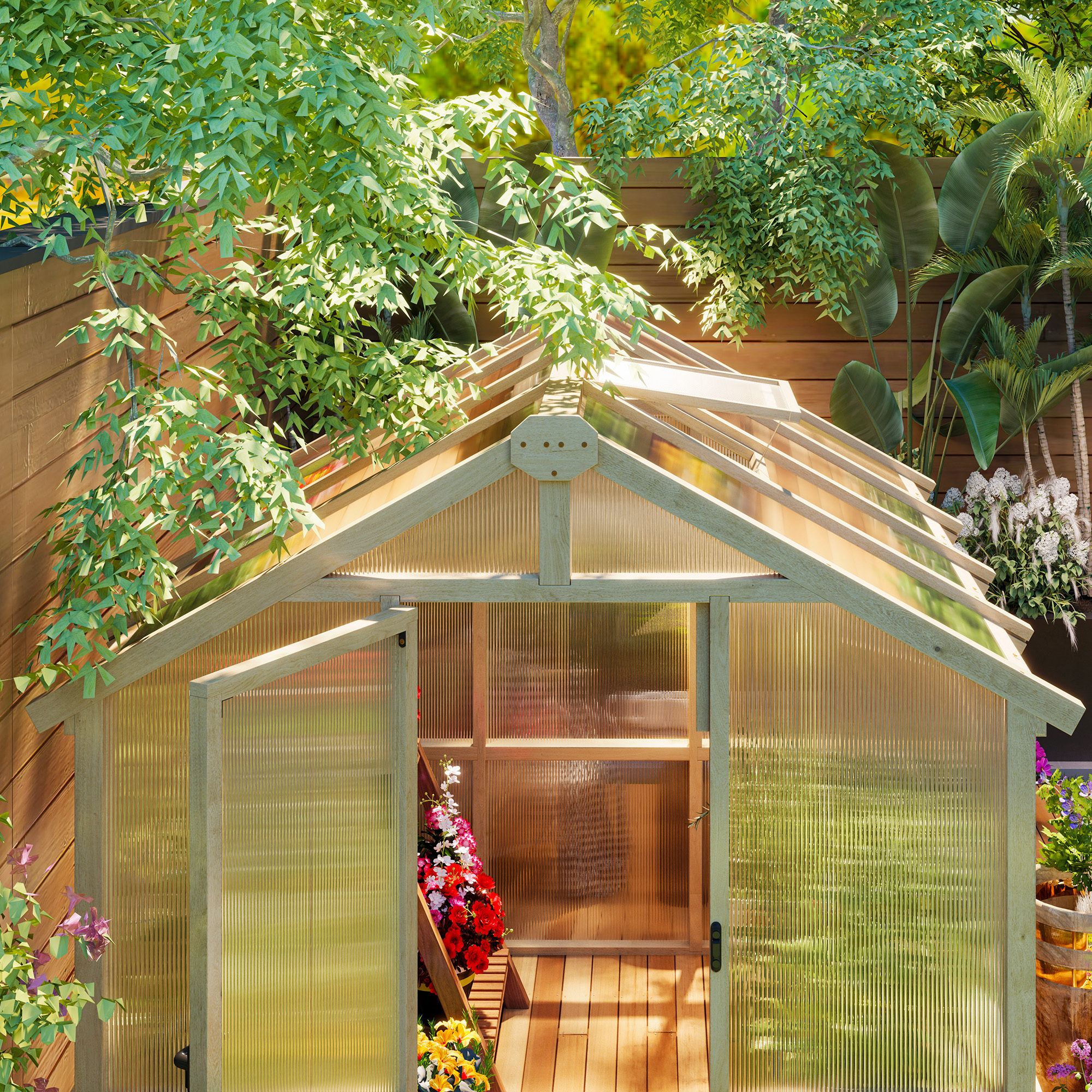 Outsunny Wooden Greenhouse 6.6 x 8 ft, Polycarbonate Panels, Roof