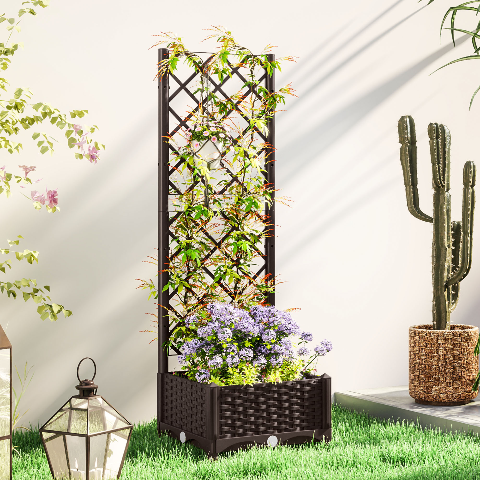 Outsunny Raised Garden Bed with Trellis, Plastic Raised Flower Bed with Drainage Holes and Drain Plugs, 16" x 16" x 48" Aosom Canada