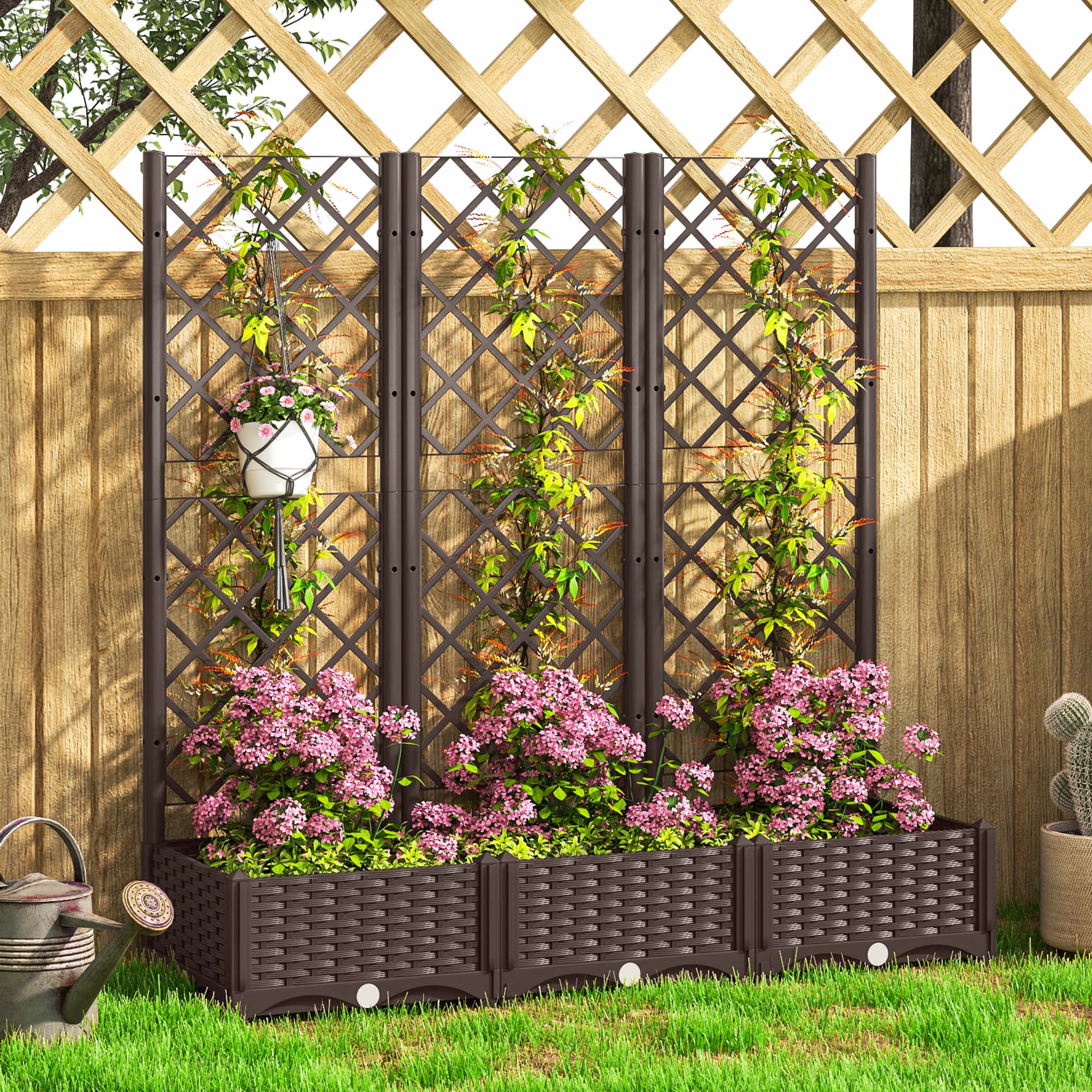 Outsunny Raised Garden Bed with Trellis, Plastic Raised Flower Bed with Drainage Holes and Drain Plugs, 47" x 16" x 48" Aosom Canada