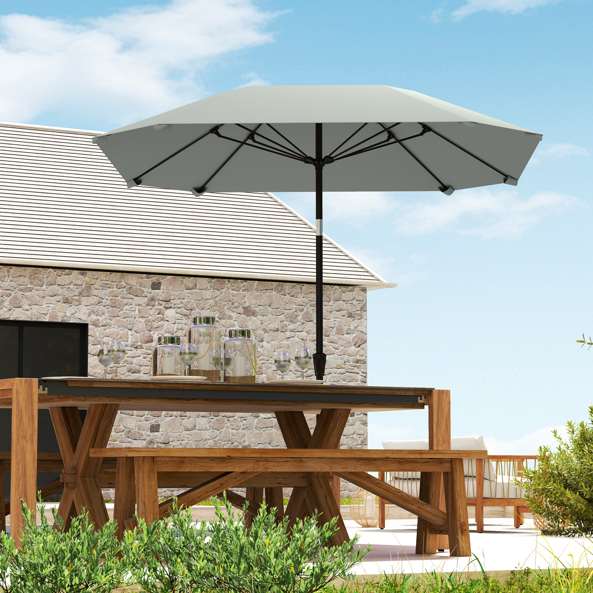 Outsunny 7.6FT Aluminum Patio Umbrella Parasol 8 Ribs Outdoor Market Umbrella with Crank, Push Button Tilt for Deck Light Grey Aosom Canada