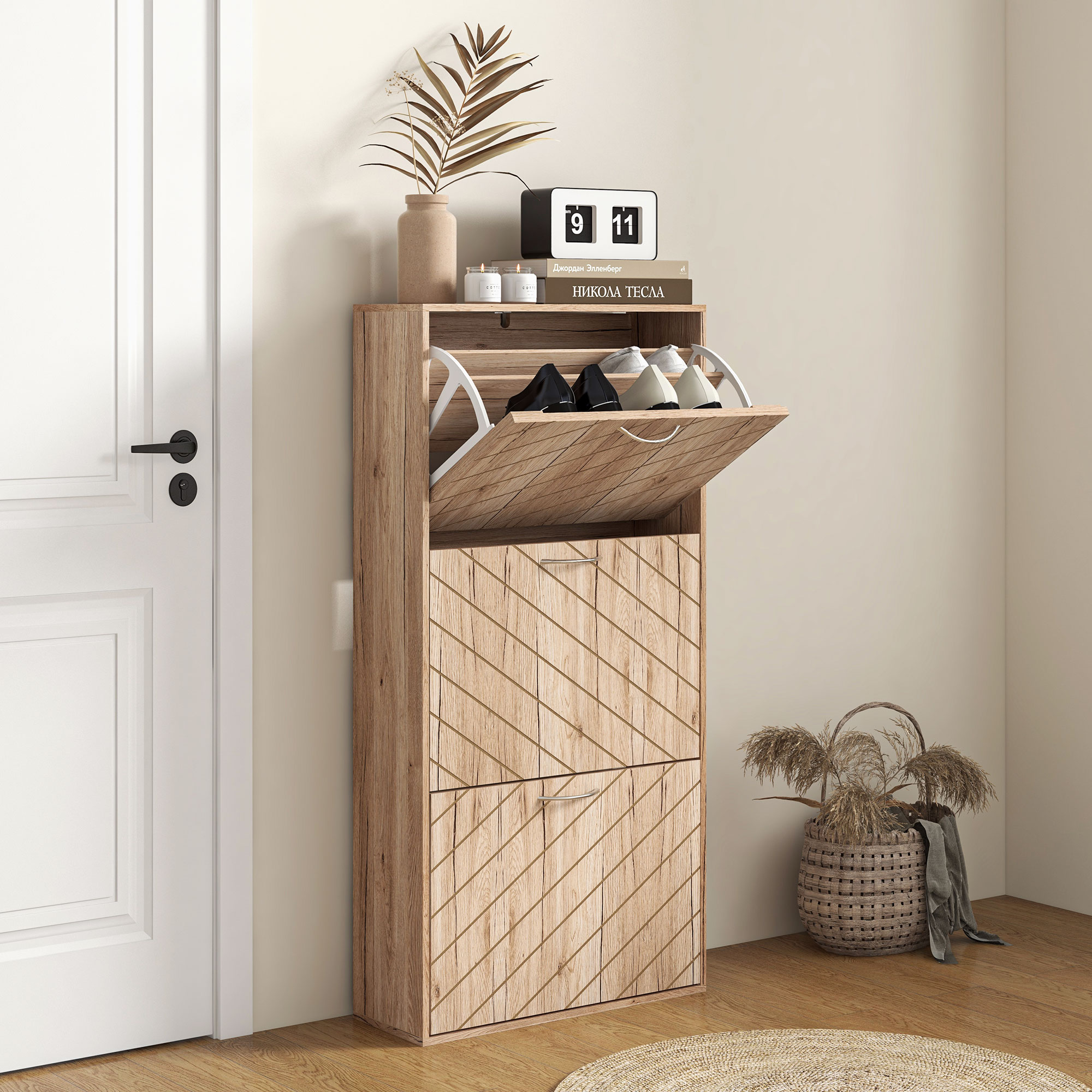 HOMCOM Narrow Slim Shoe Storage Cabinet with 3 Flip Drawers 12 Pair Shoes Organizer for Hallway Entryway Nature Wood Aosom Canada