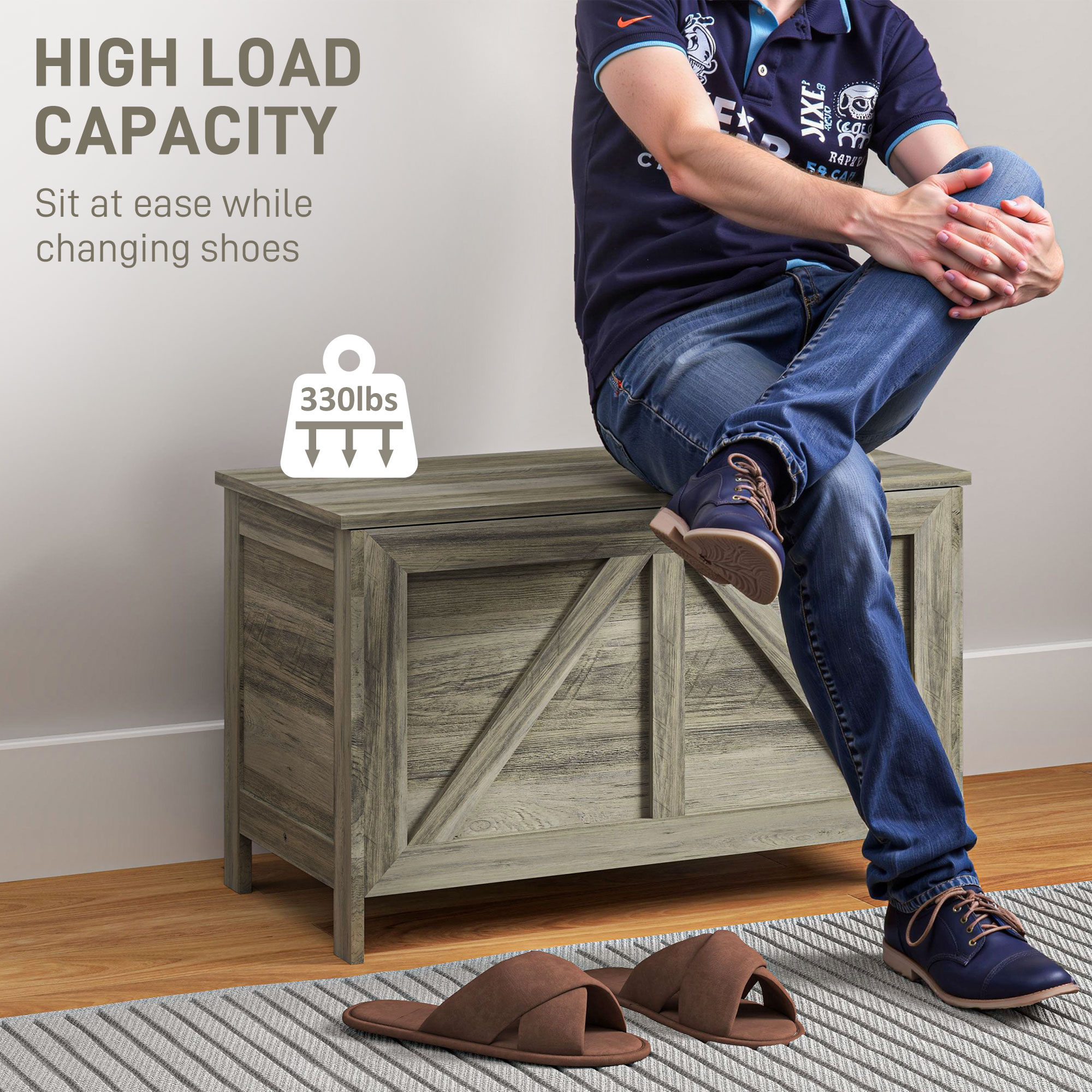 HOMCOM Storage Trunk Toy Organizer with Farmhouse Panel Safety