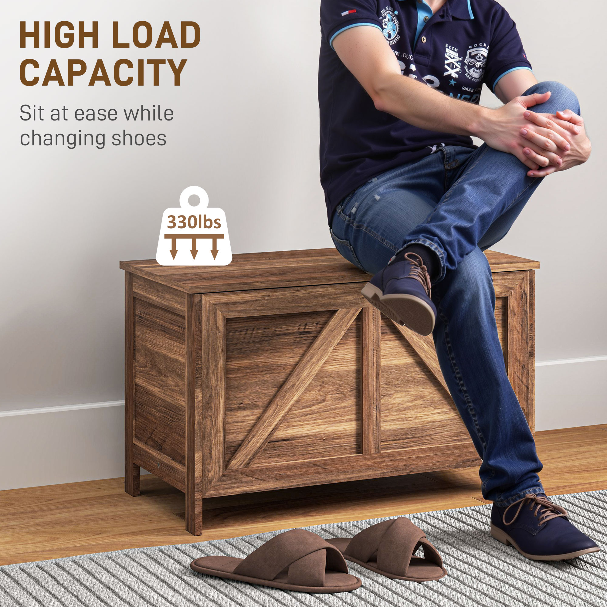 HOMCOM Storage Chest, Farmhouse Lift Top Box Organizer with Safety Hinge, for Bedroom, Entryway, Living Room, Brown Oak 5