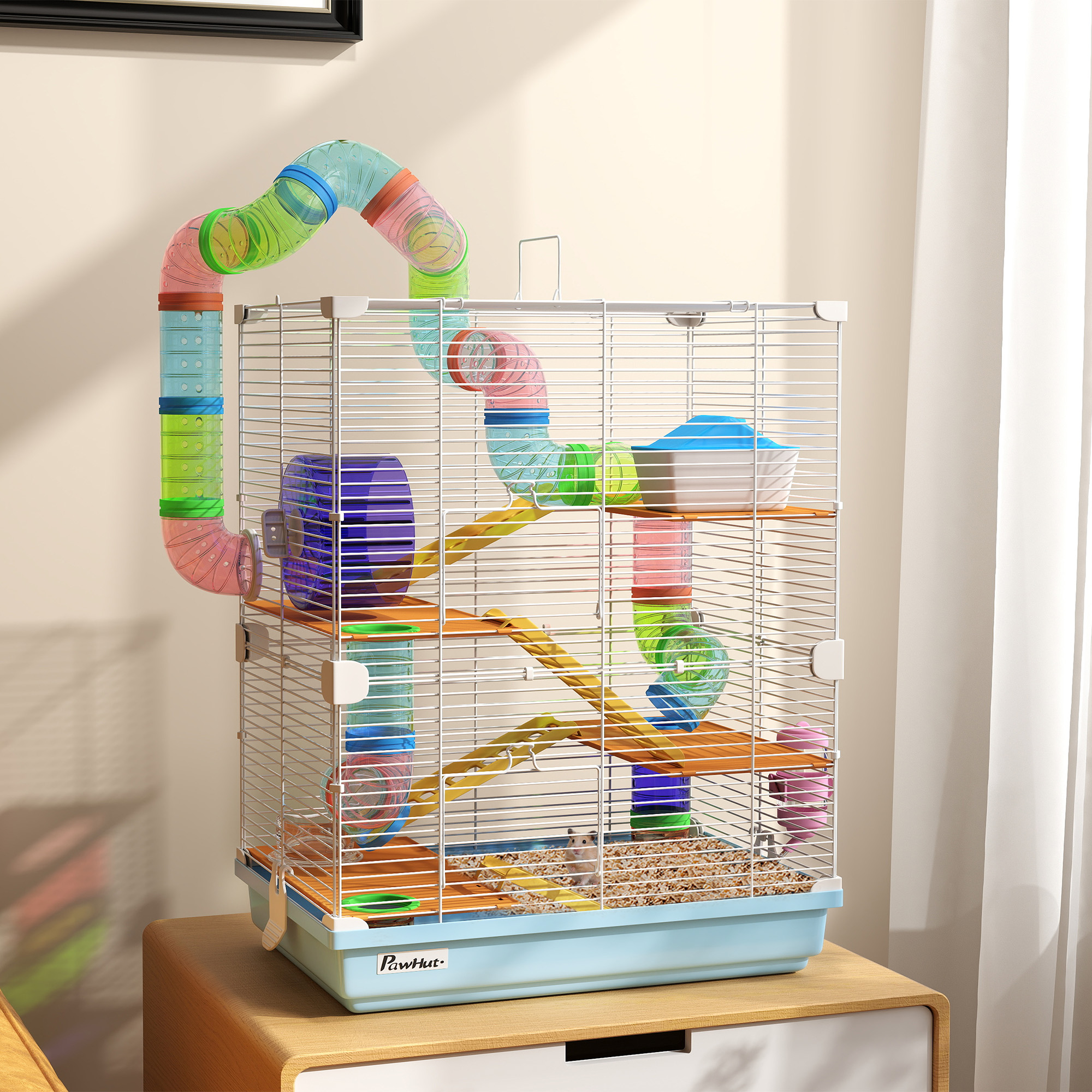 PawHut 5 Tiers Hamster Cage Portable with Exercise Wheels Play Tube Water Bottle Dishes House Ladder for Gerbils, Light Blue Aosom Canada