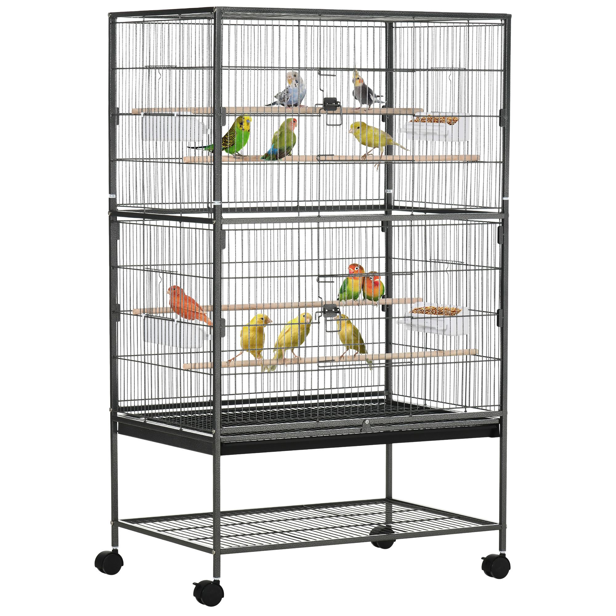 Organizer Shelving, 52'' Spacious Rolling Steel Avian Cage Avian House with Rolling Stand, Wood Perch, Food Container, Dark Grey 1