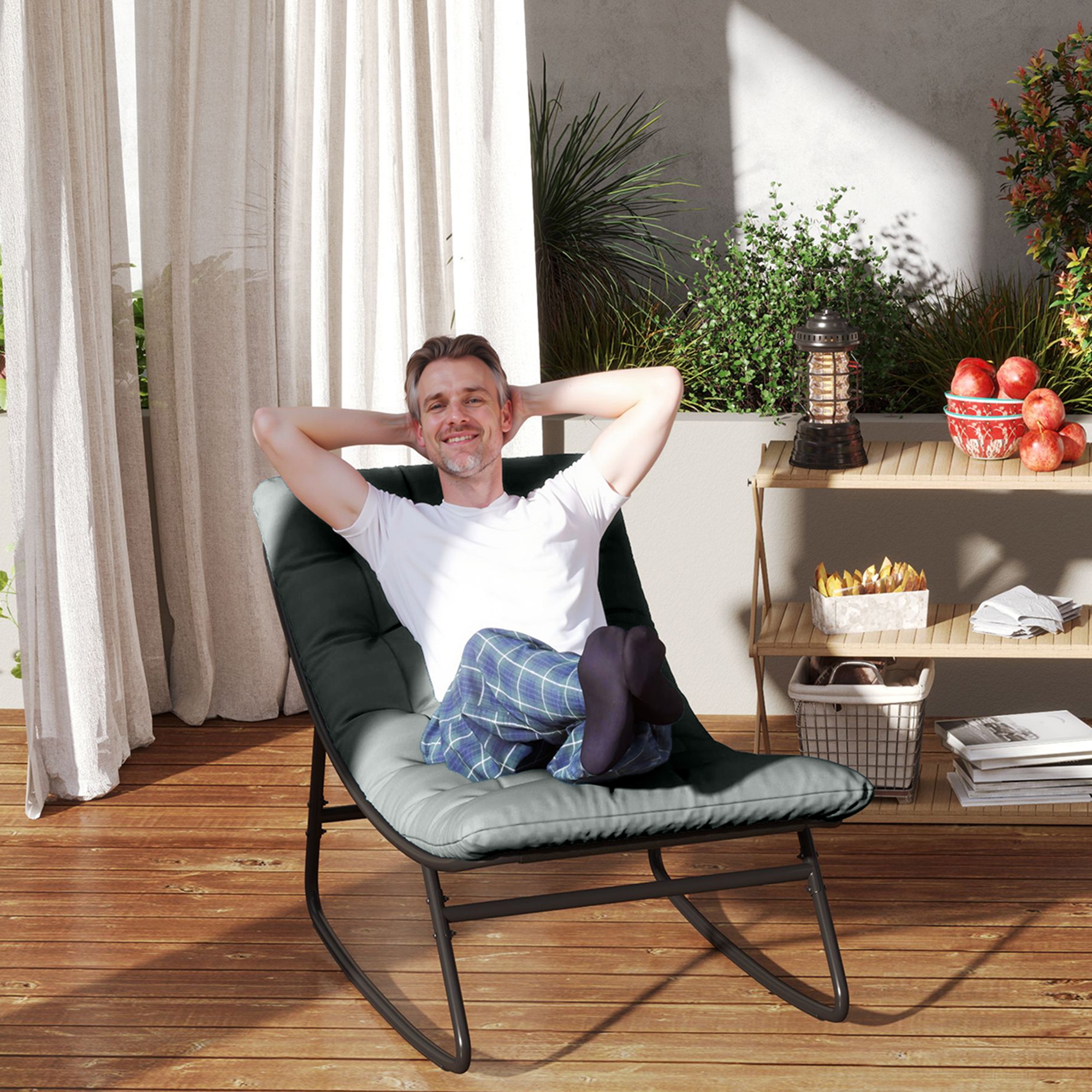 Outsunny Outdoor Patio Rocking Chair with Cushion, Steel Frame Balcony Chair with Mesh Deep Seat for Porch, Garden, Grey Aosom Canada