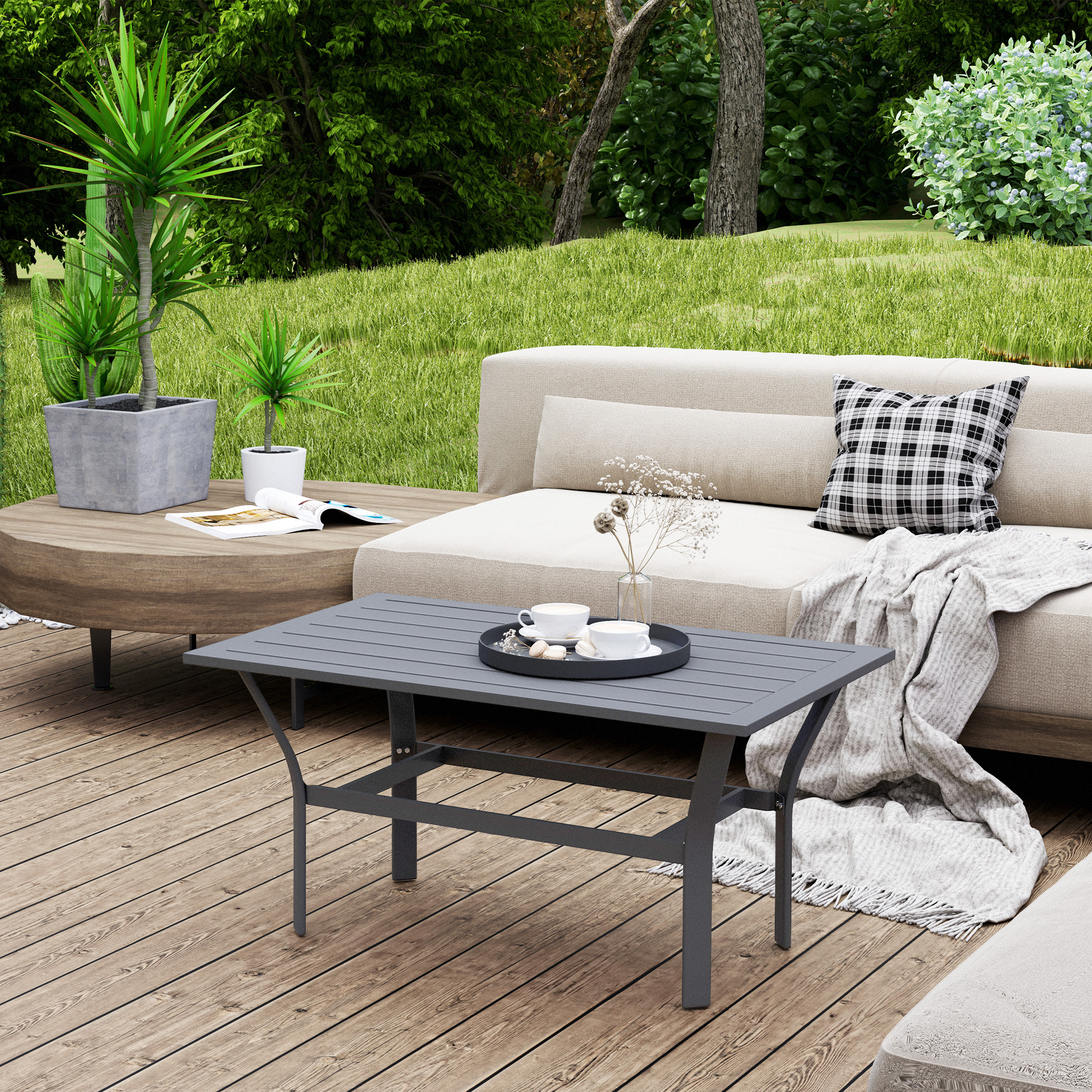 Outsunny Metal Garden Coffee Table with Woodgrain Tabletop, Brown