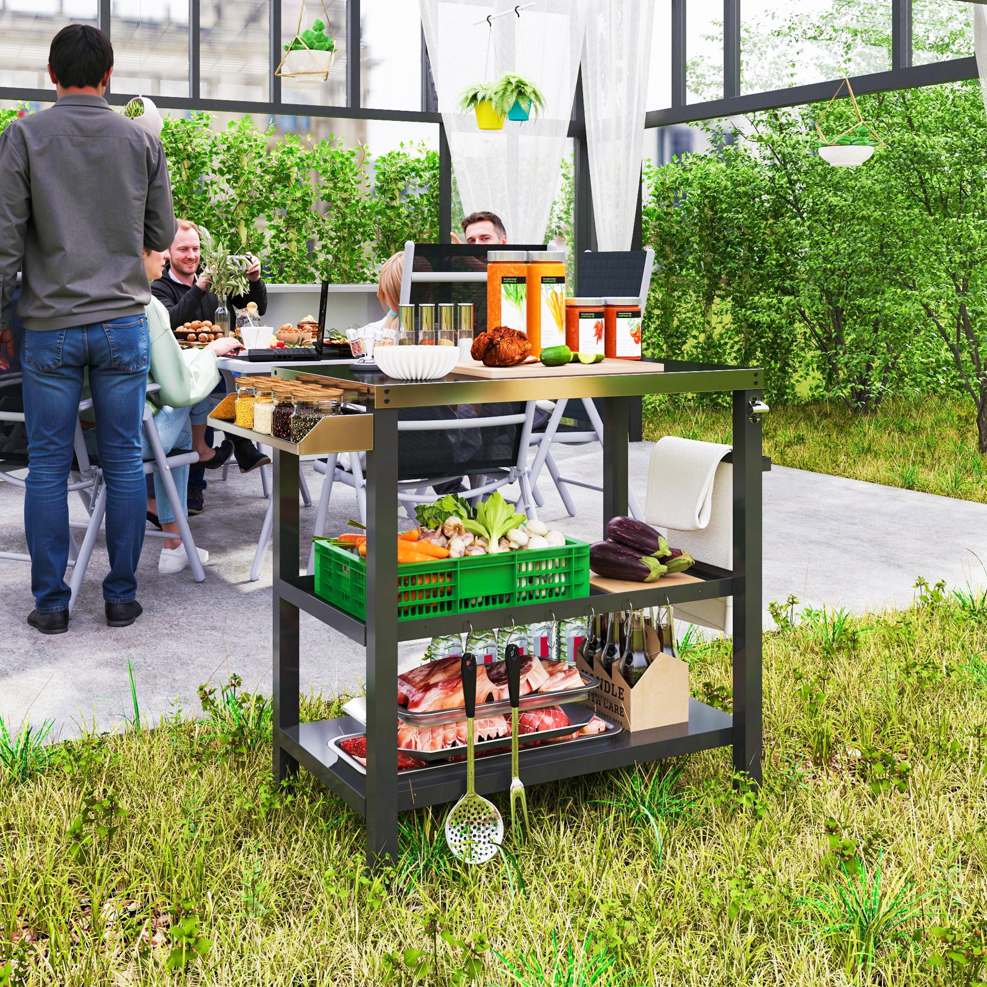 Outsunny Outdoor Kitchen Bar Cart BBQ Table with Wheels, Stainless