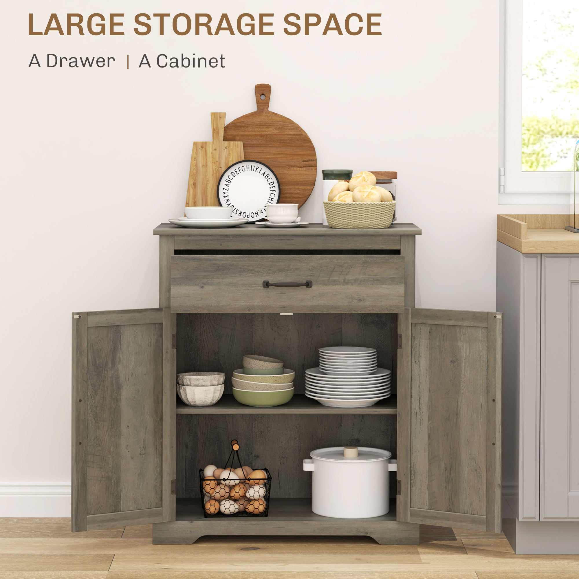 HOMCOM Sideboard Buffet Table with Drawer, Storage Cabinet with Double Doors and Adjustable Shelf, Gray 2