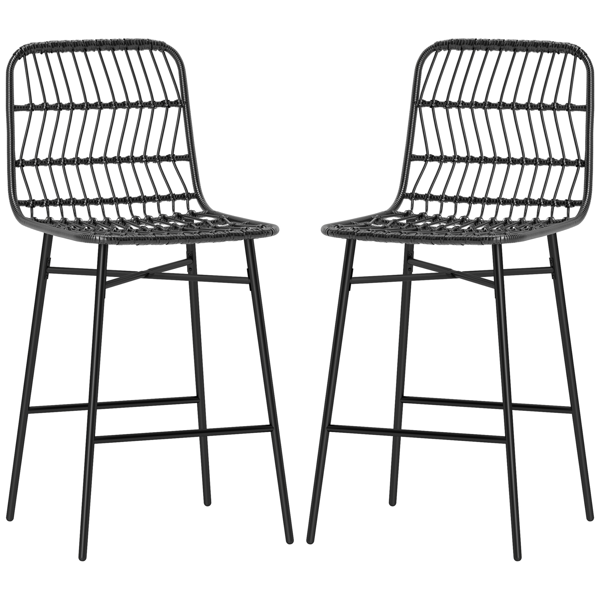 HOMCOM Rattan Counter Bar Stools Set of 2, 26" Counter Height Barstools with Back, Bar Chairs for Kitchen Island, Black | Aosom.com
