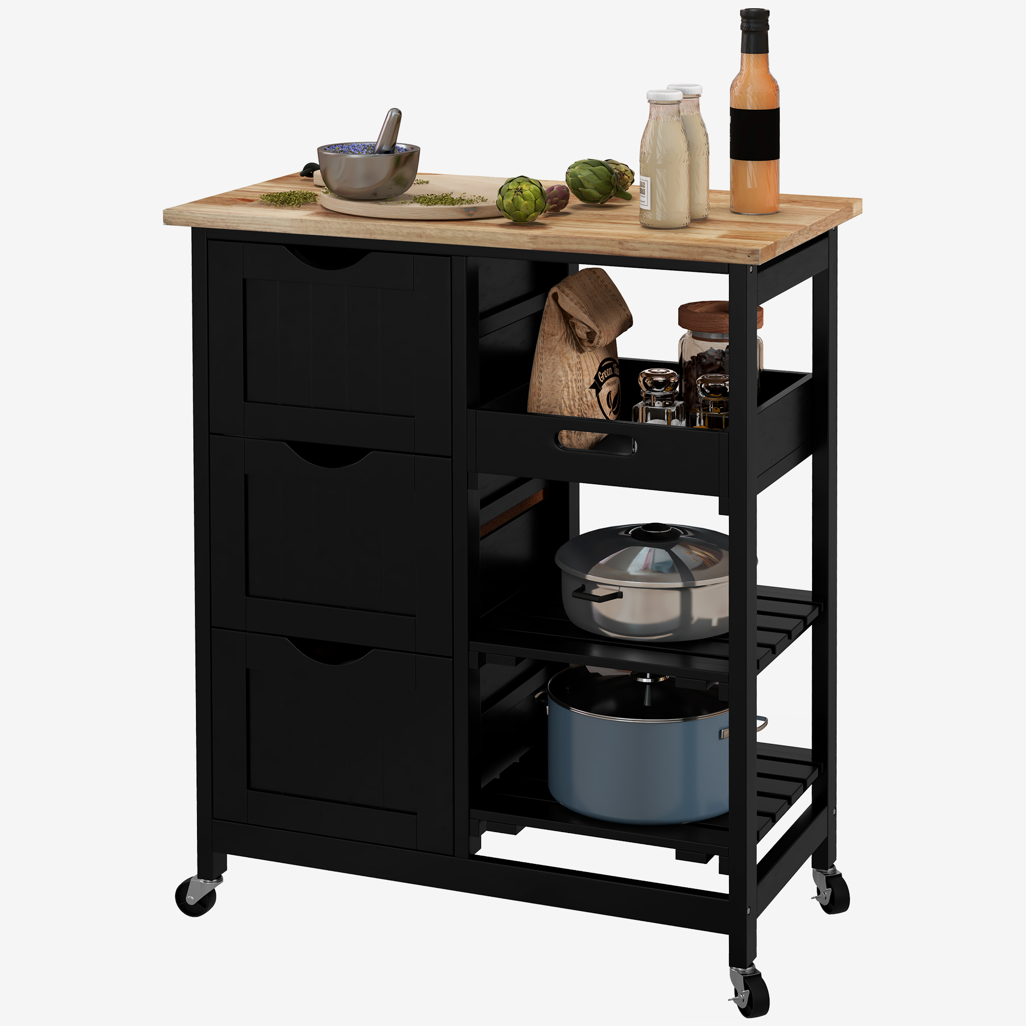 HOMCOM Rolling Kitchen Cart, Kitchen Island with Wood Top, Shelves & Drawers for Dining Area, Black