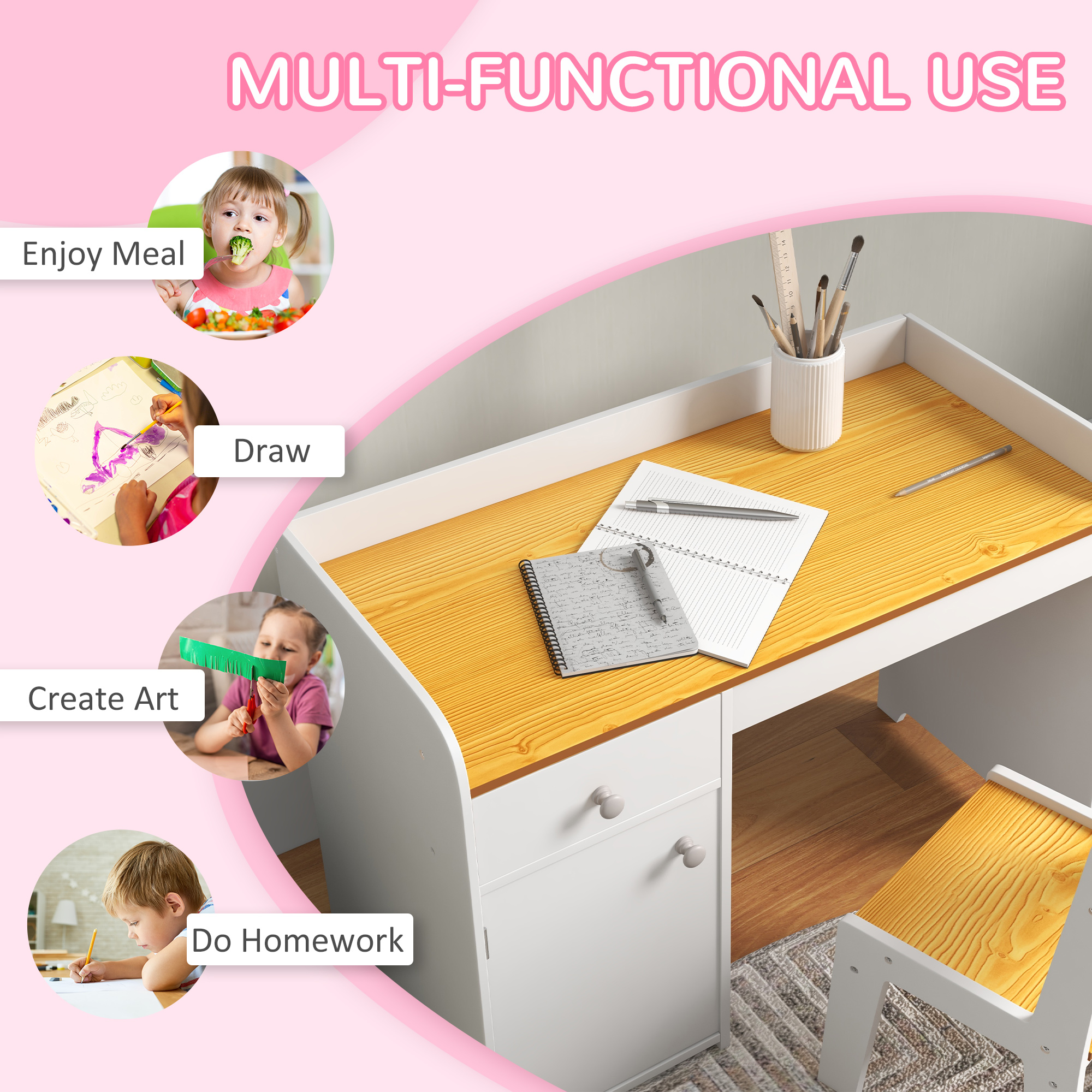 Qaba Kids Desk and Chair Set with Storage, Study Desk with Chair, White ...