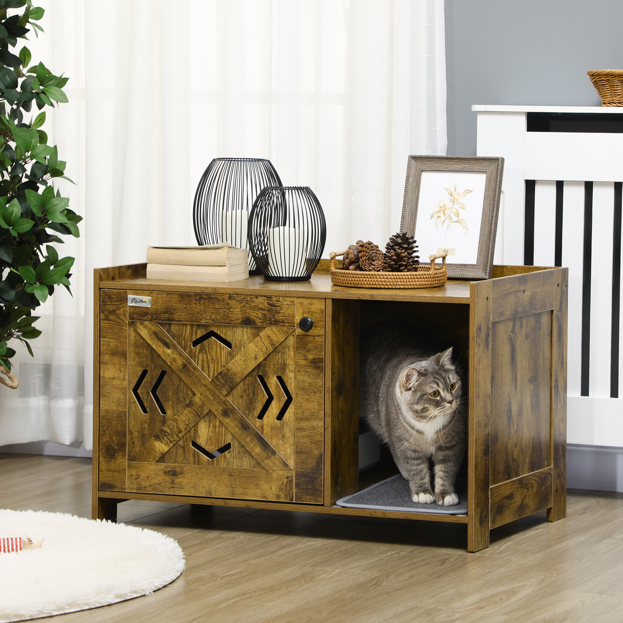 Litter Box White Hidden Cat Enclosure Furniture, Indoor Automatic