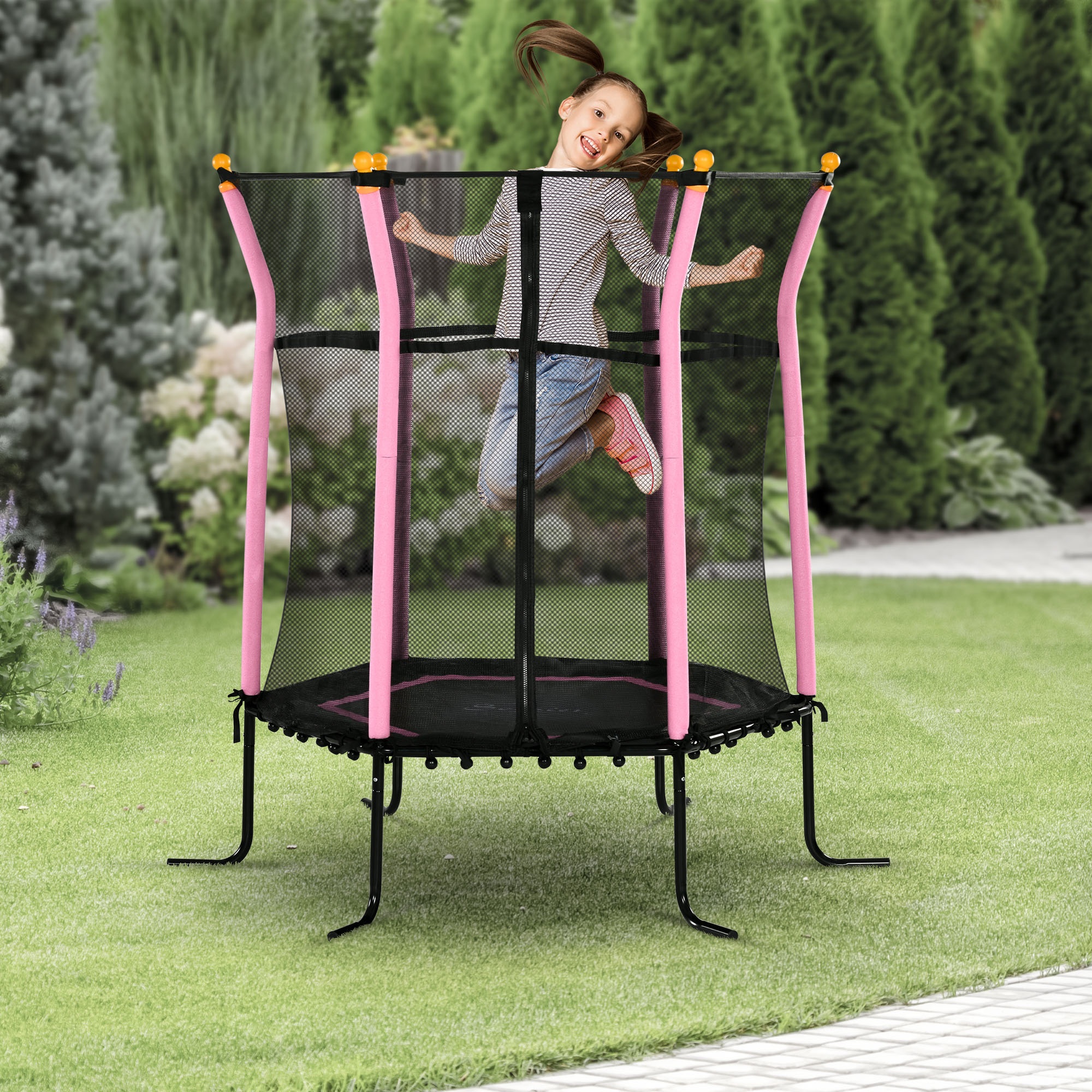Soozier Kids Indoor/Outdoor Trampoline with Safety Net, Pink, for Active Play Fun | Aosom.com 0