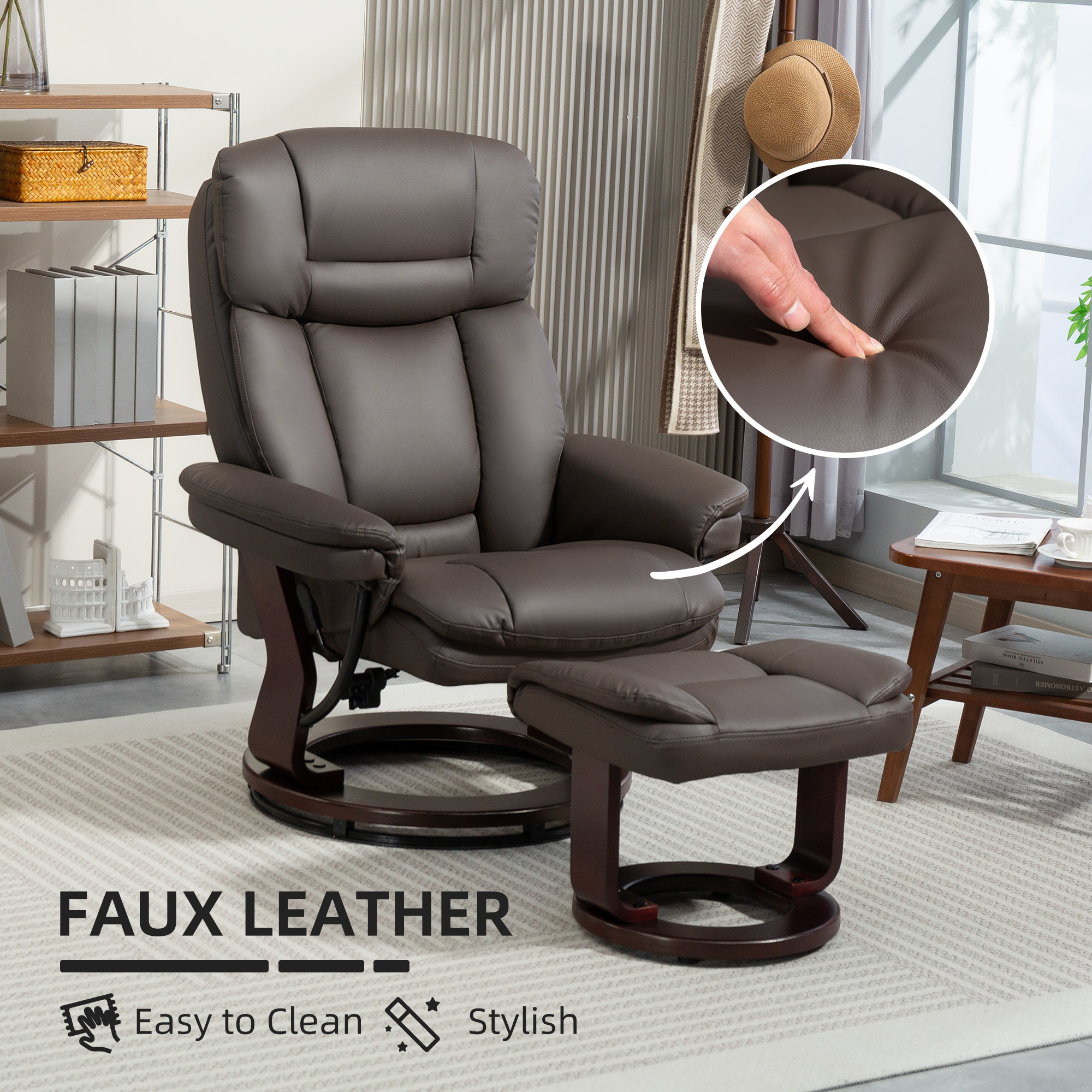 HOMCOM Swivel Recliner with Ottoman, PU Leather Reclining Chair with Footrest, for Living Room, Bedroom, Dark Brown 5