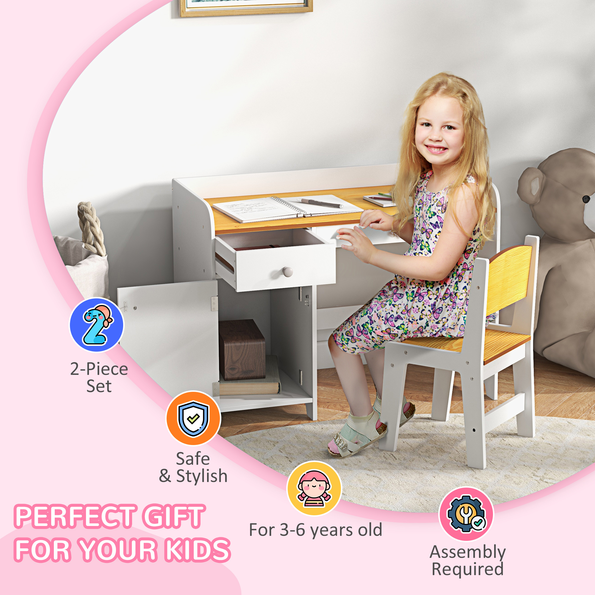 Qaba Kids Desk and Chair Set with Storage, Study Desk with Chair