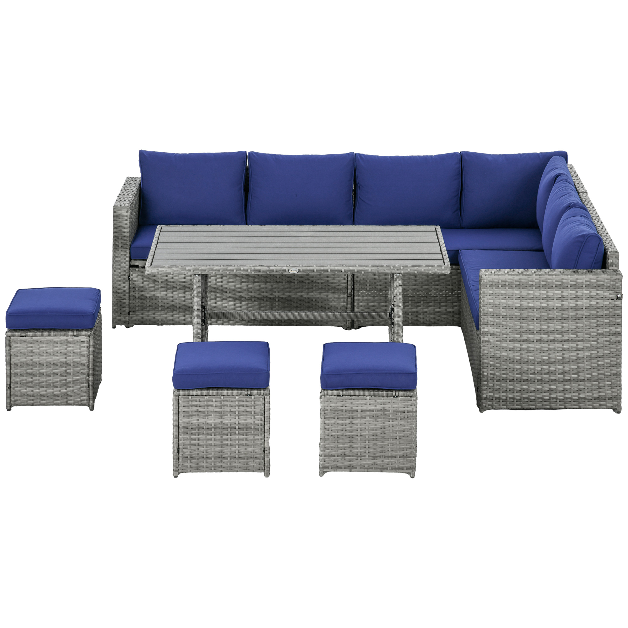 Outsunny 7 Piece Rattan Patio Furniture Set, Outdoor L-Shaped Sectional Sofa Conversation Set with Cushions, Storage, Dark Blue