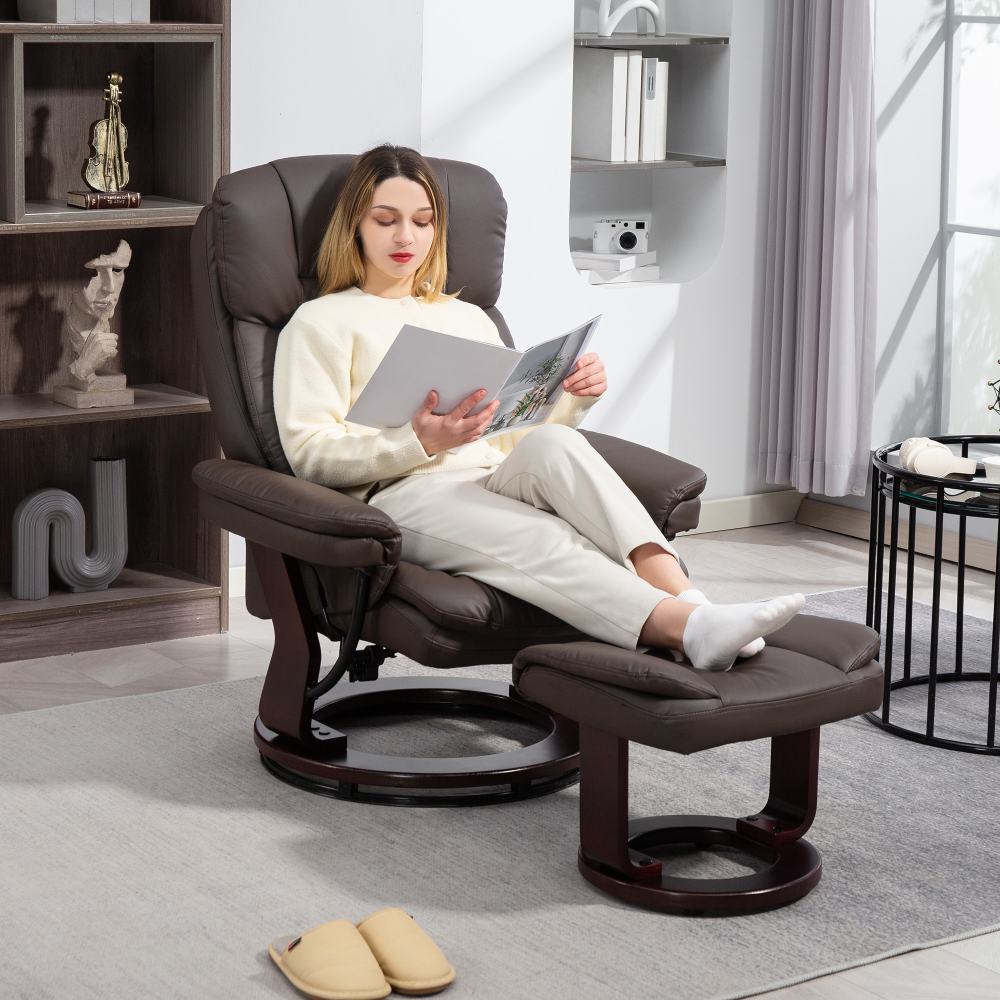 HOMCOM Swivel Recliner with Ottoman, PU Leather Reclining Chair with Footrest, for Living Room, Bedroom, Dark Brown 0