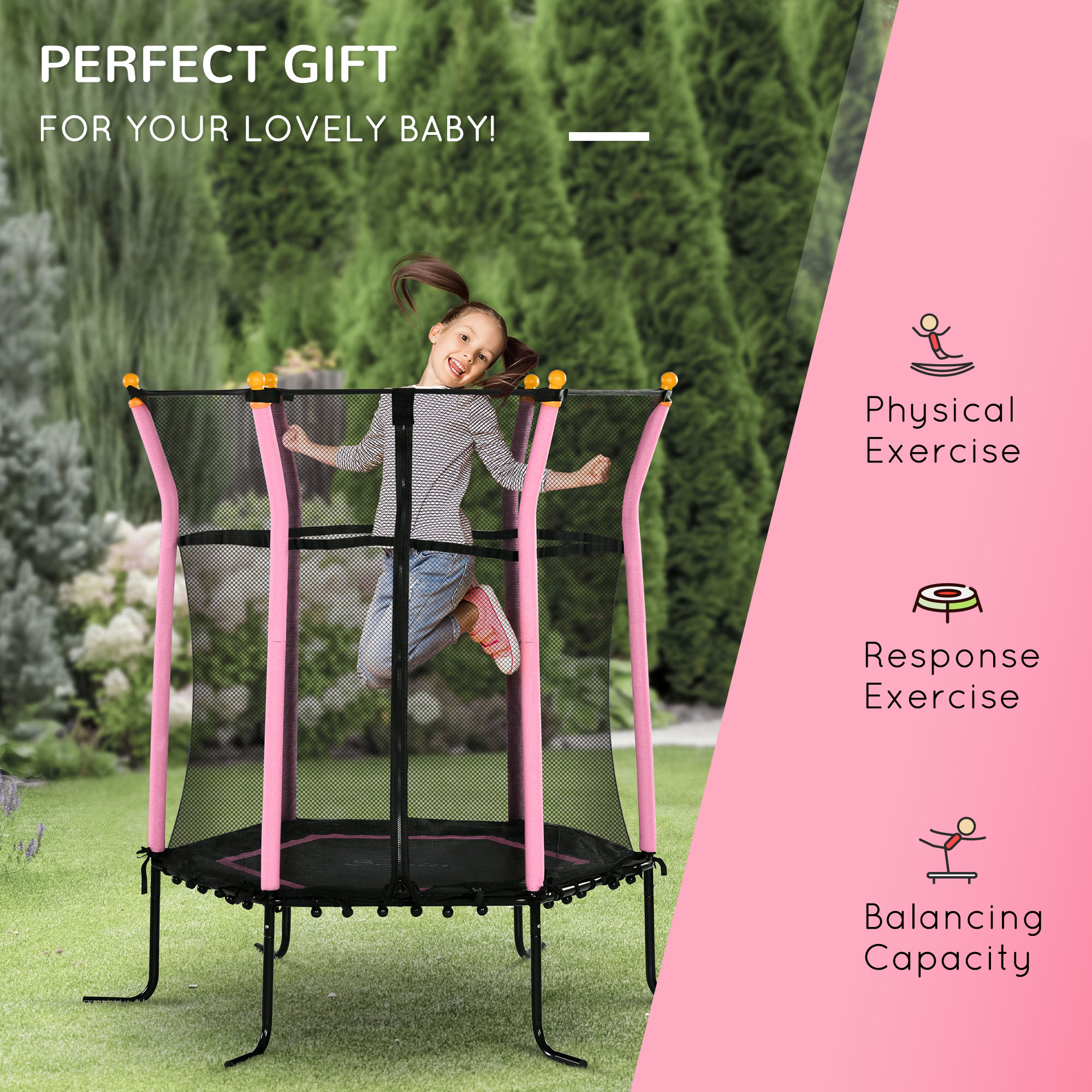 Soozier Kids Indoor/Outdoor Trampoline with Safety Net, Pink, for Active Play Fun | Aosom.com 5