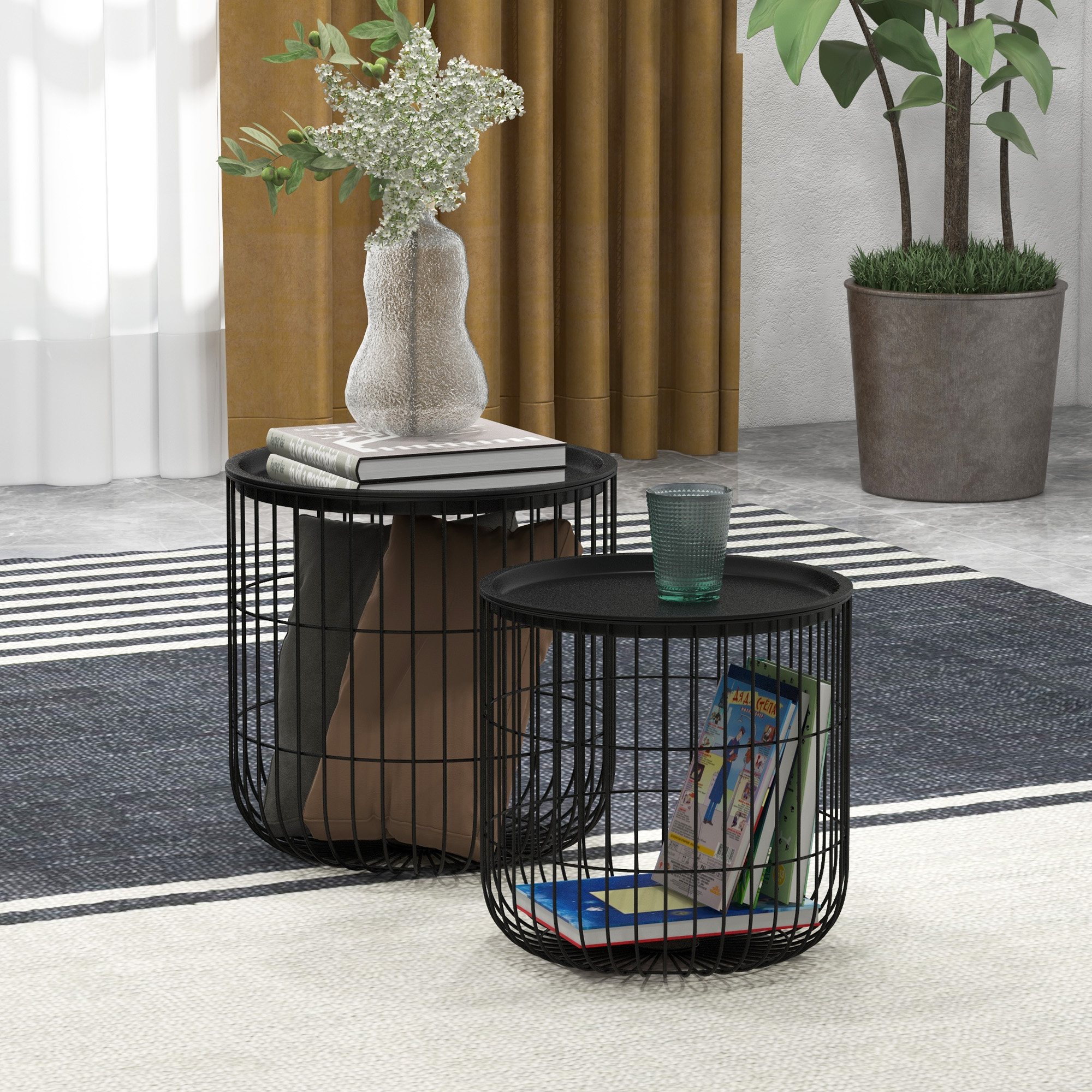 HOMCOM 3-Piece Coffee Table Set with Nesting Wire Basket Base and Removable Top End Storage Solution for Living Room Black | Aosom.com 5