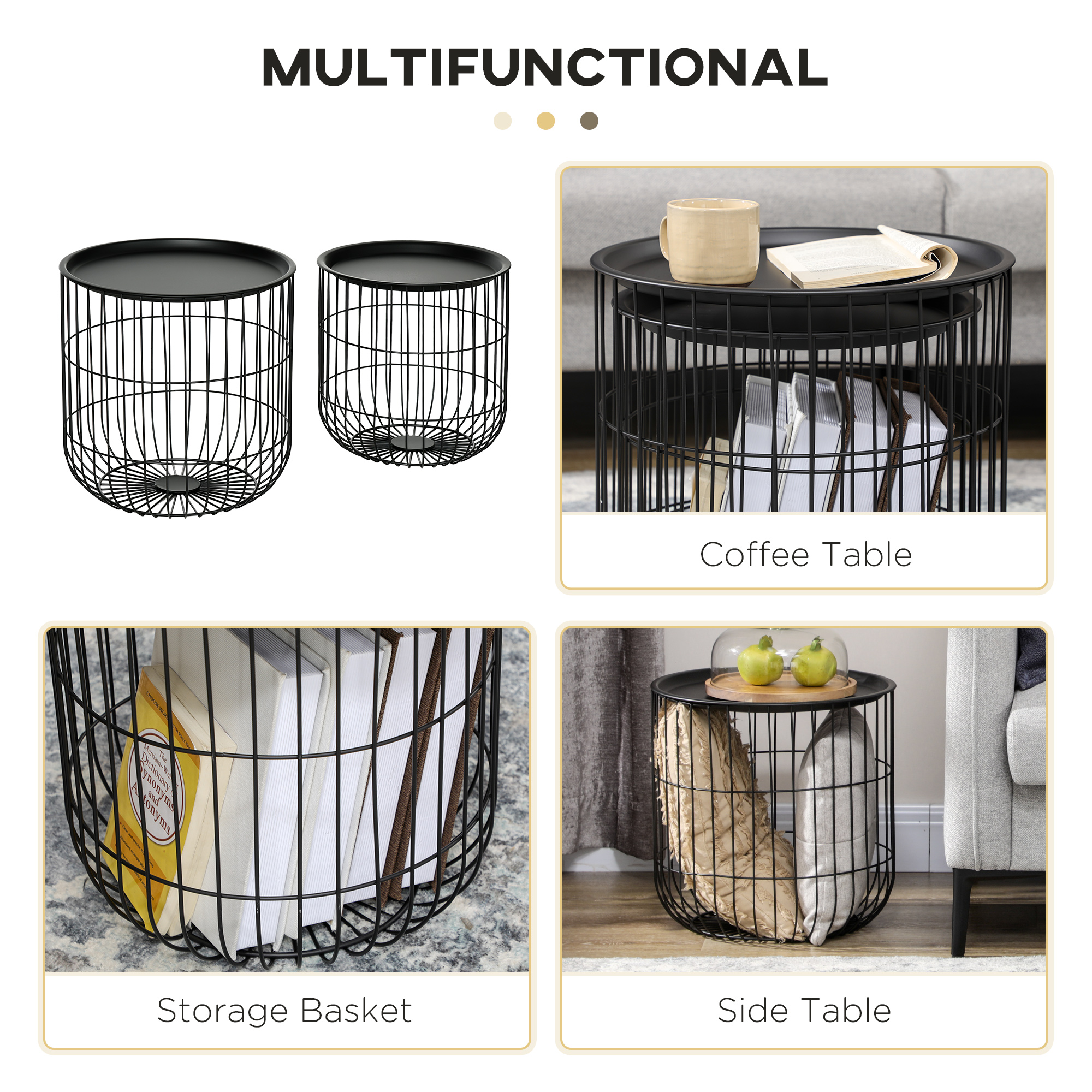 HOMCOM 3-Piece Coffee Table Set with Nesting Wire Basket Base and Removable Top End Storage Solution for Living Room Black | Aosom.com 4