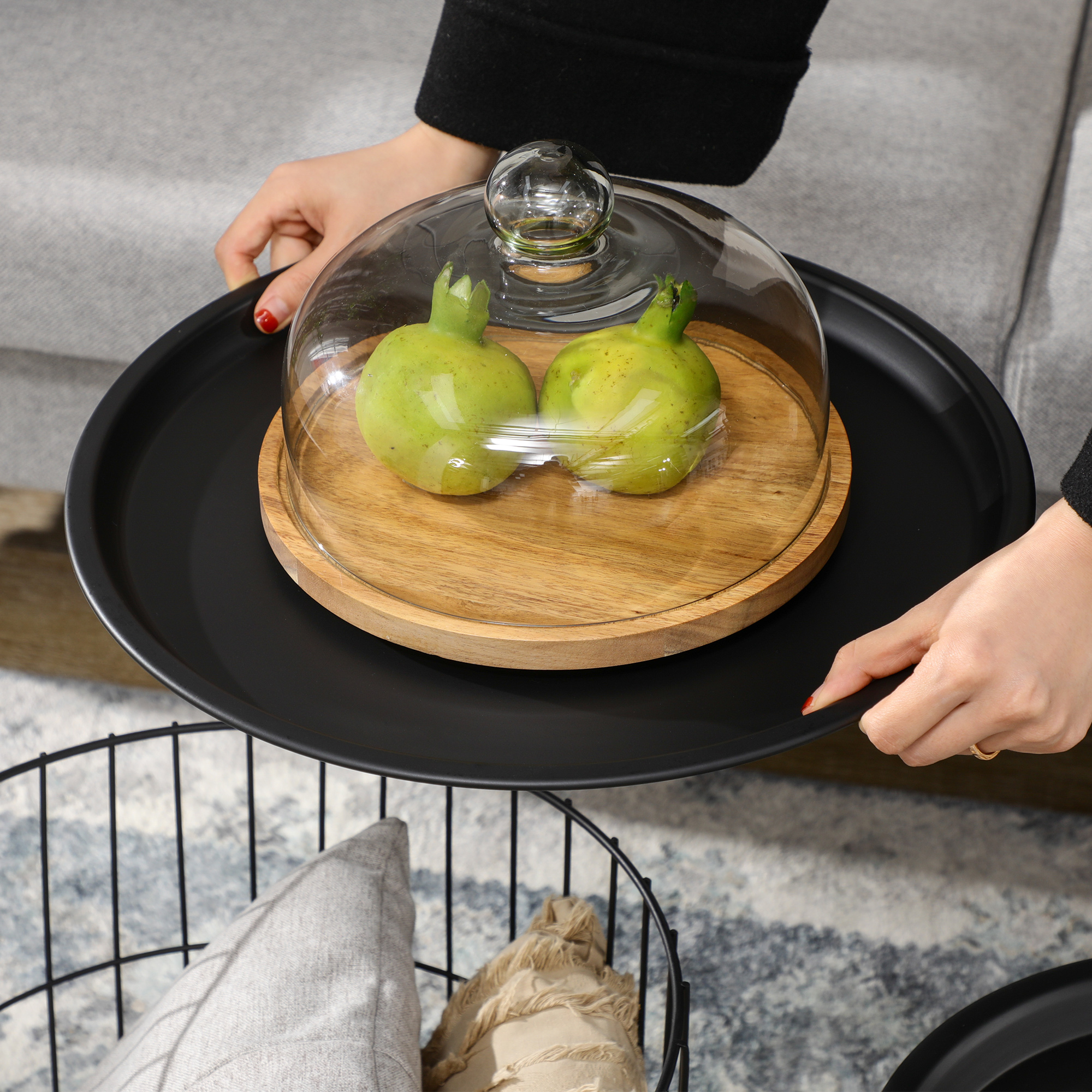 HOMCOM 3-Piece Coffee Table Set with Nesting Wire Basket Base and Removable Top End Storage Solution for Living Room Black | Aosom.com 6