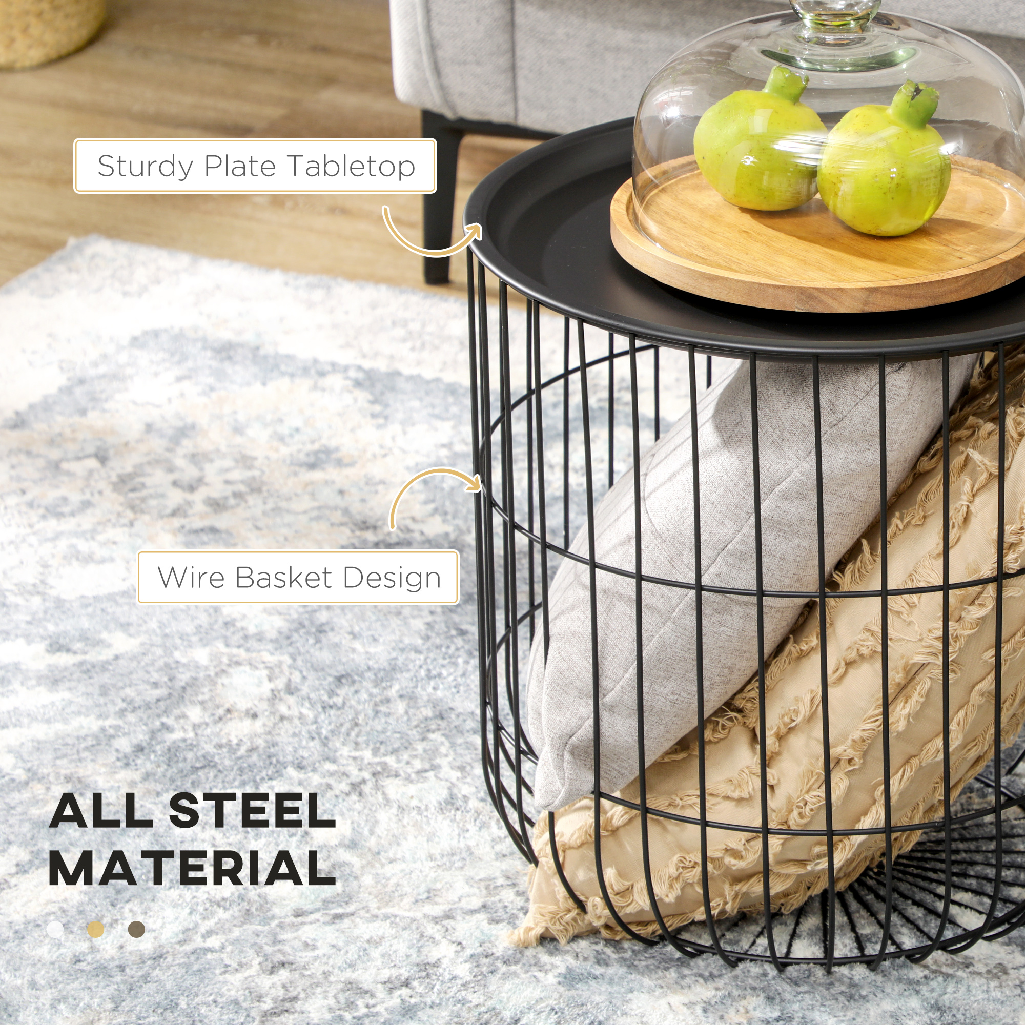 HOMCOM 3-Piece Coffee Table Set with Nesting Wire Basket Base and Removable Top End Storage Solution for Living Room Black | Aosom.com 3