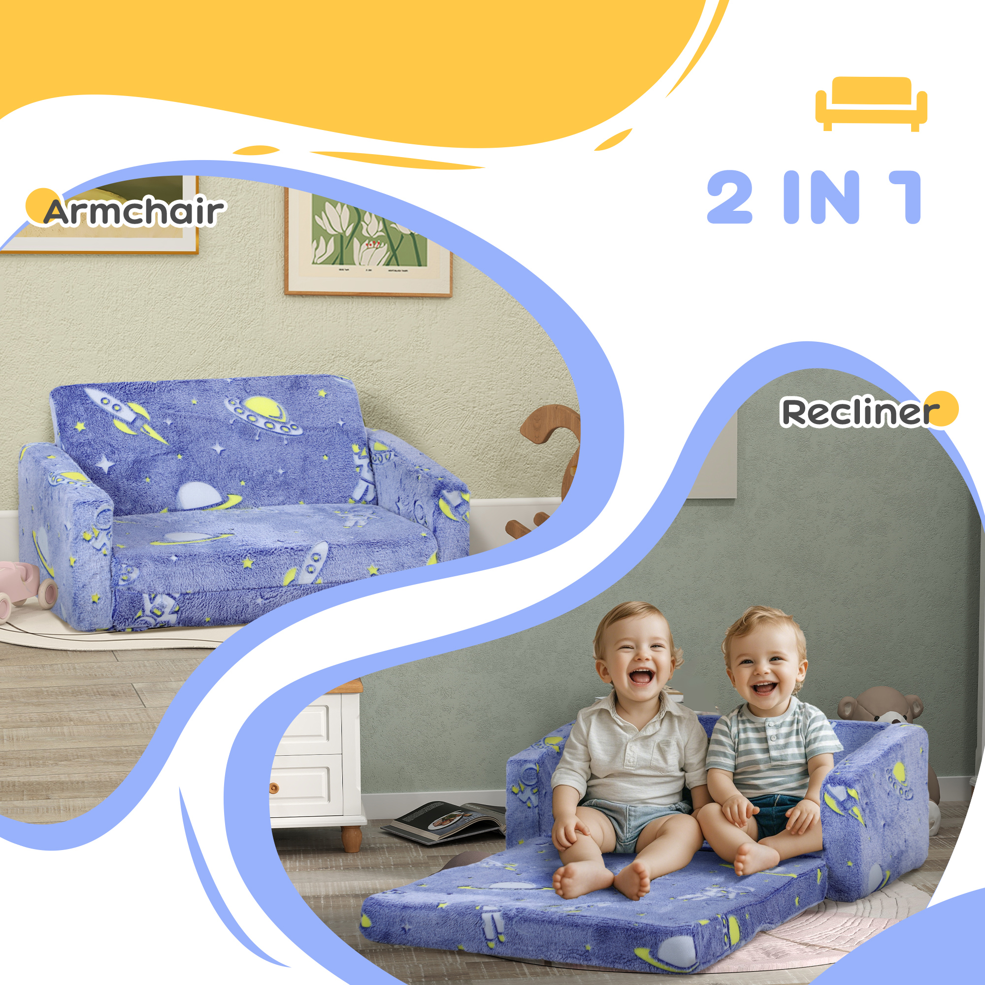 Qaba Couch with Glow in the Dark Space Patten, Washable Cover, Blue | Aosom.com 3