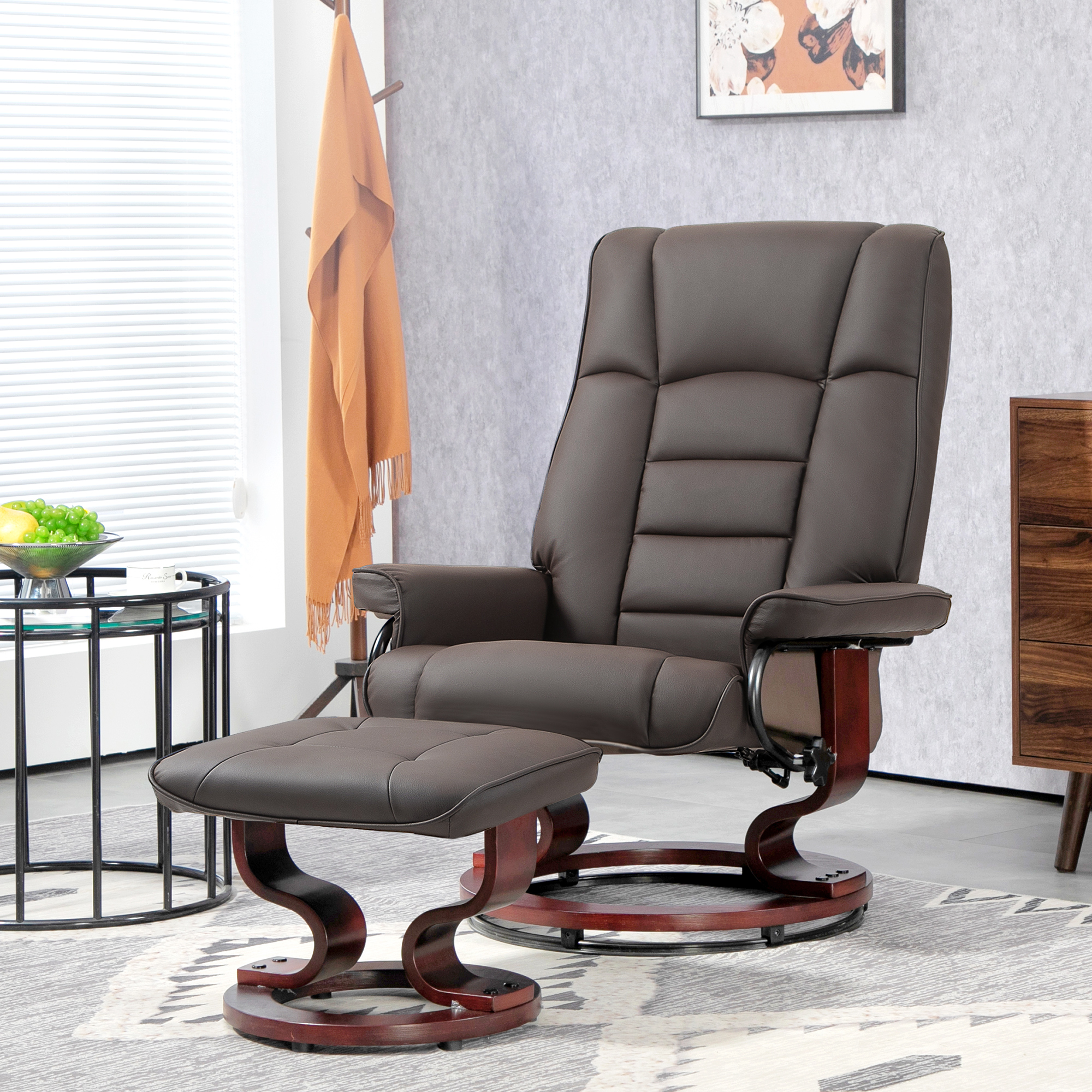 HOMCOM Recliner with Ottoman, Swivel Base and Adjustable High Back, Faux Leather Armchair Chair, Brown | Aosom.com 0
