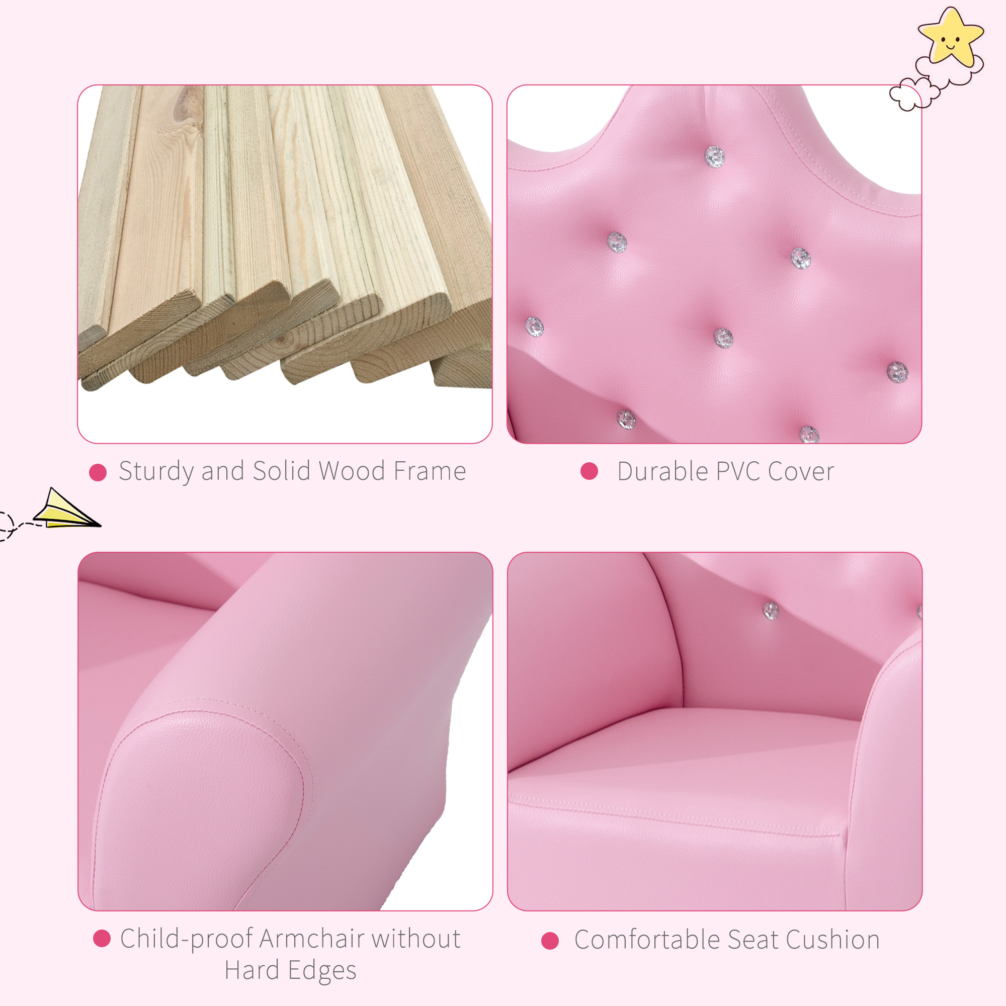Qaba Kids Sofa Set with Footstool, Princess Theme, Diamond Decoration - Cozy Furniture for Children | Aosom.com 2