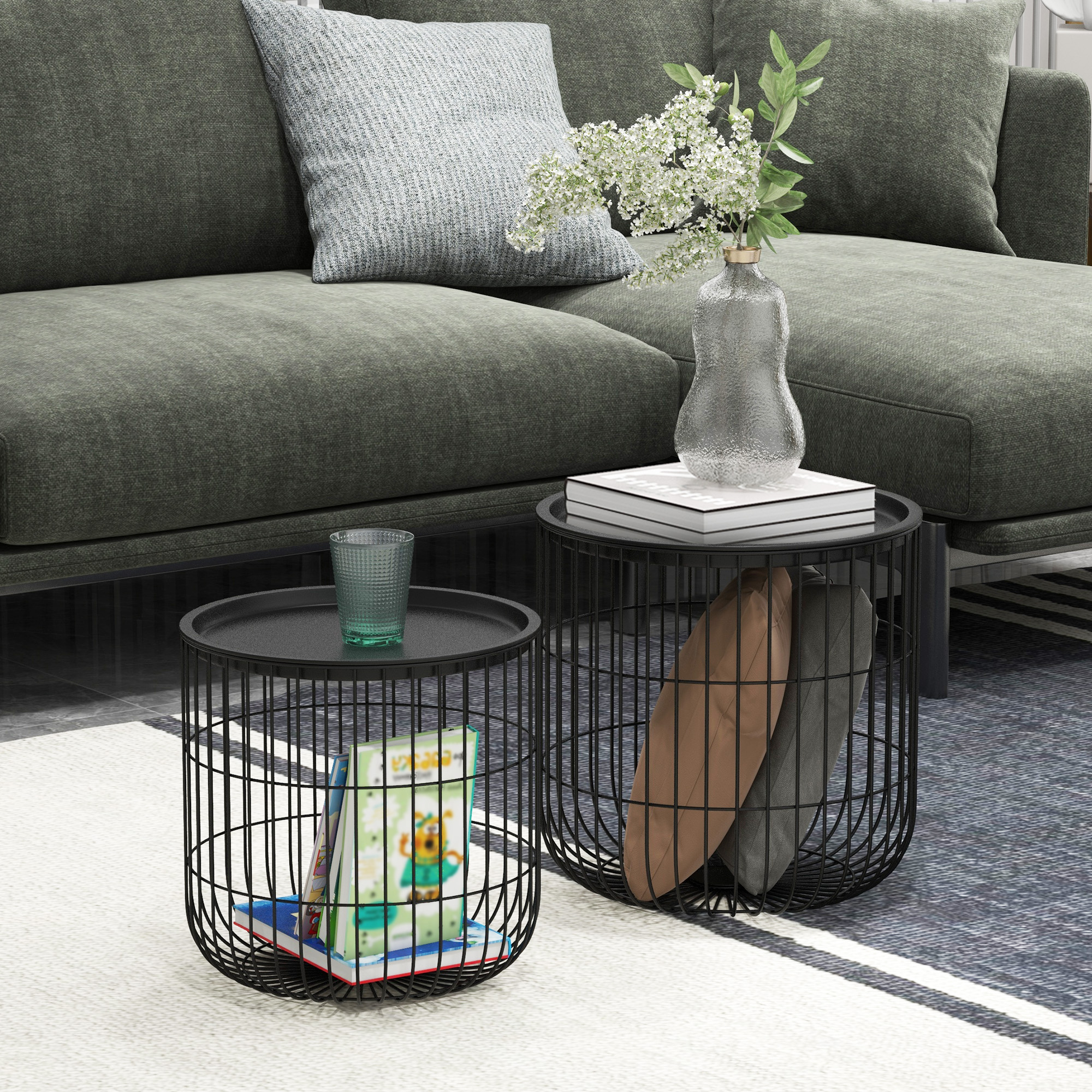 HOMCOM 3-Piece Coffee Table Set with Nesting Wire Basket Base and Removable Top End Storage Solution for Living Room Black | Aosom.com 0