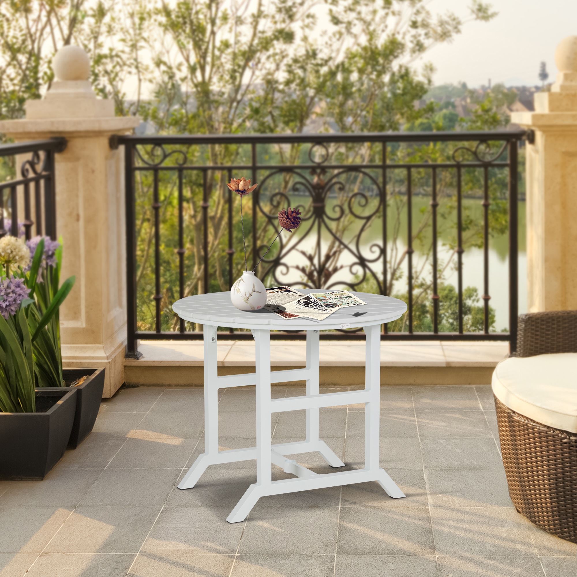 White Round Outdoor White Patio Set With Umbrella Round Patio