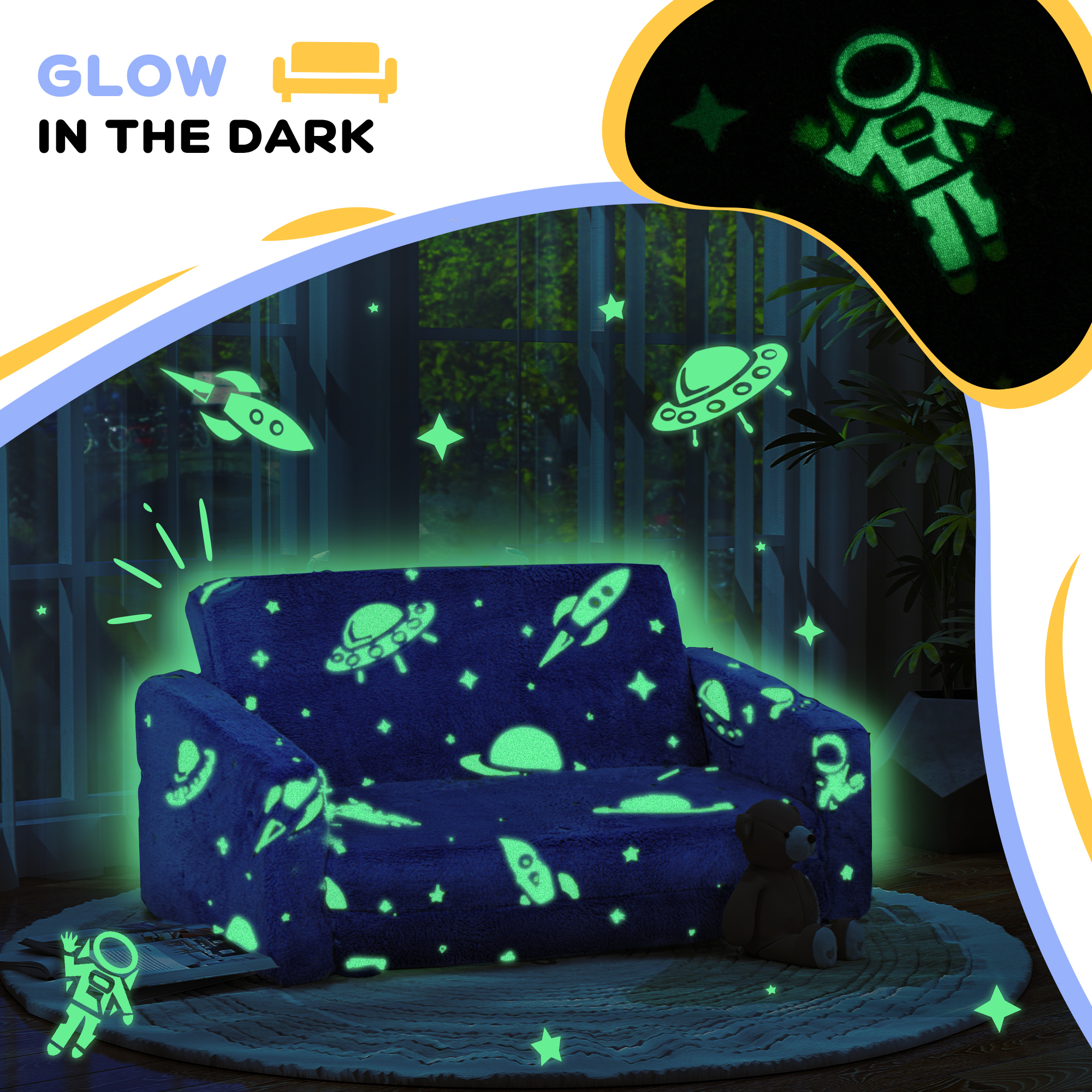 Qaba Couch with Glow in the Dark Space Patten, Washable Cover, Blue | Aosom.com 2