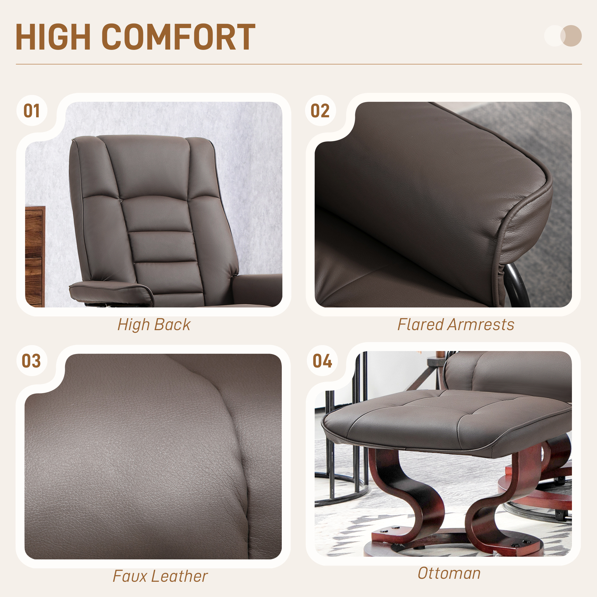 HOMCOM Recliner with Ottoman, Swivel Base and Adjustable High Back, Faux Leather Armchair Chair, Brown | Aosom.com 4