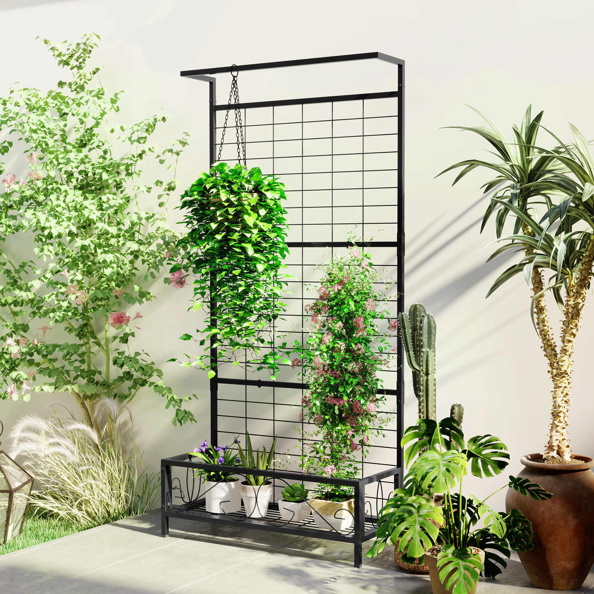Outsunny Metal Tall Plant Stand with Trellis and Hanging Bar, Plant Holder for Indoor Outdoor Use, 36" x 12.8" x 74", Black