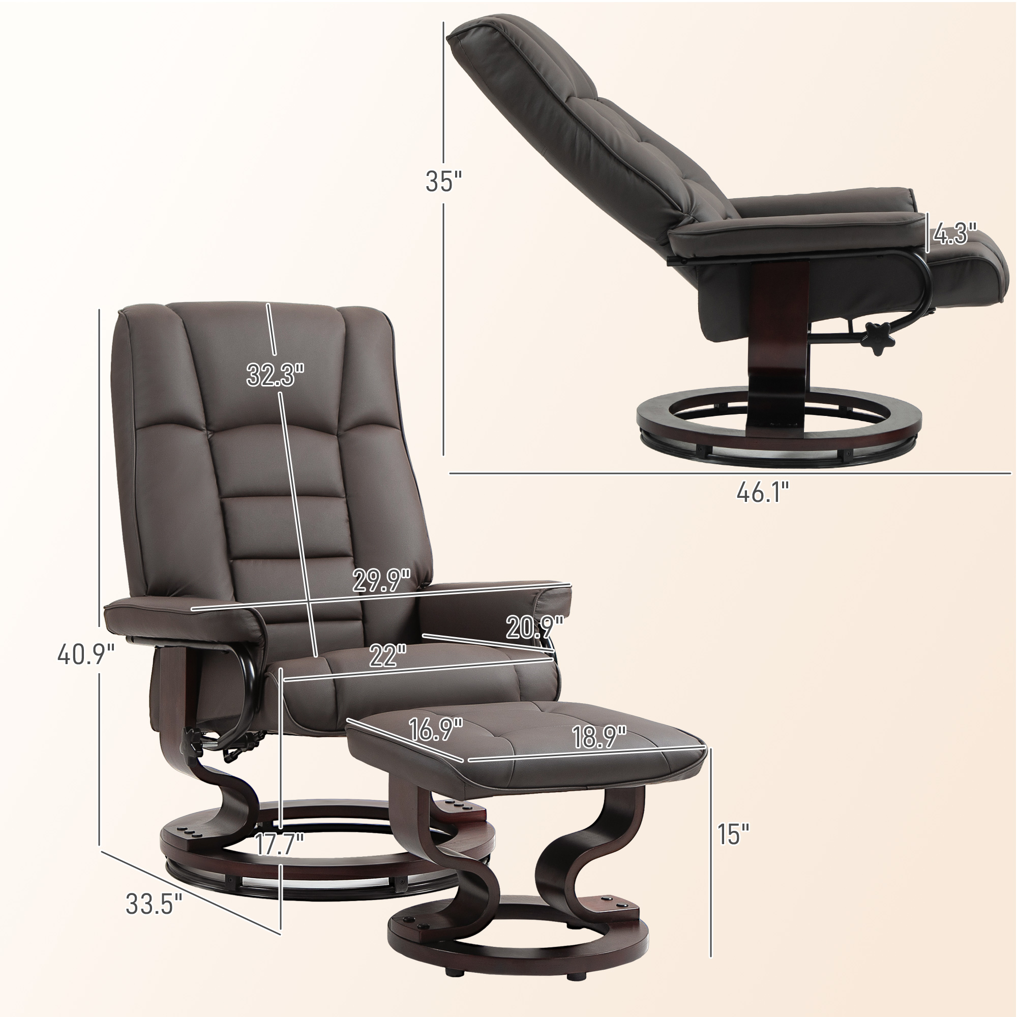 HOMCOM Recliner with Ottoman, Swivel Base and Adjustable High Back, Faux Leather Armchair Chair, Brown | Aosom.com 1