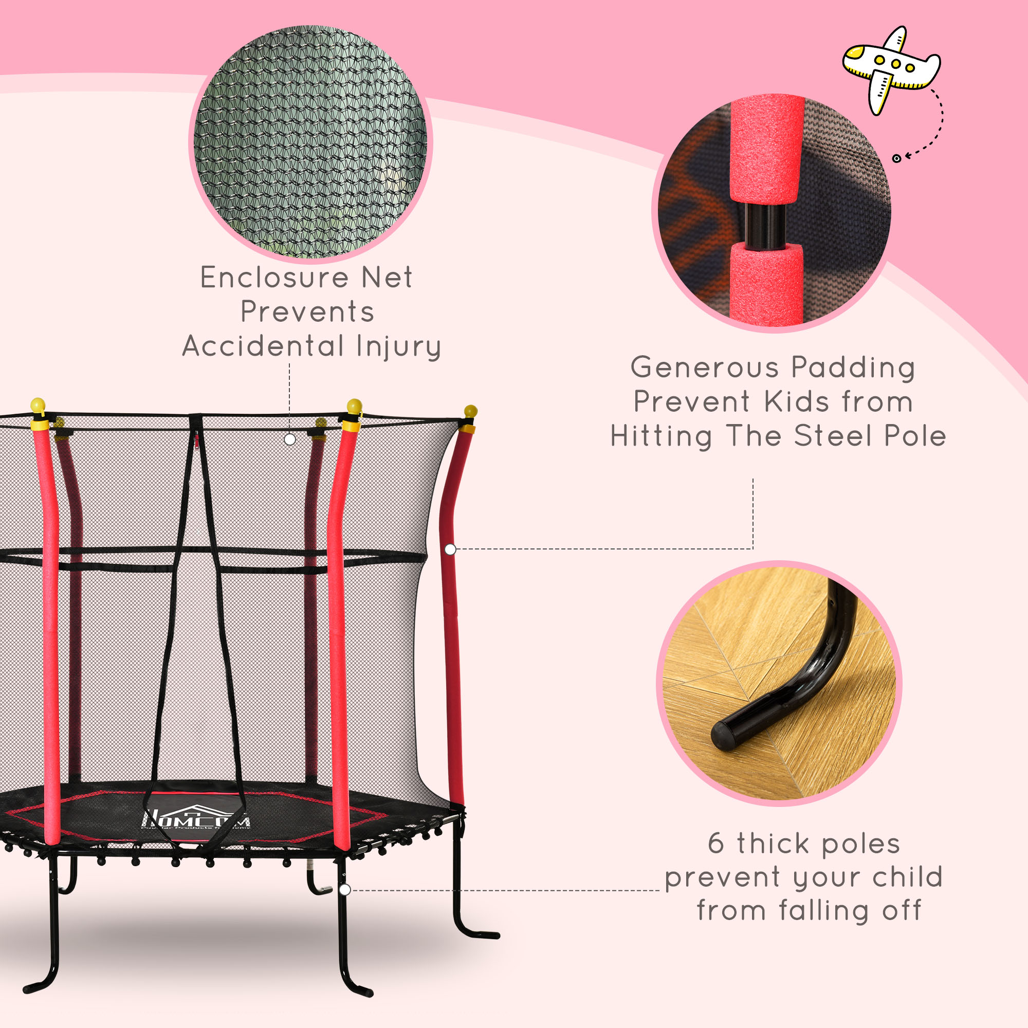 Soozier Kids Indoor/Outdoor Trampoline with Safety Net, Red, for Active Play Fun | Aosom.com 3